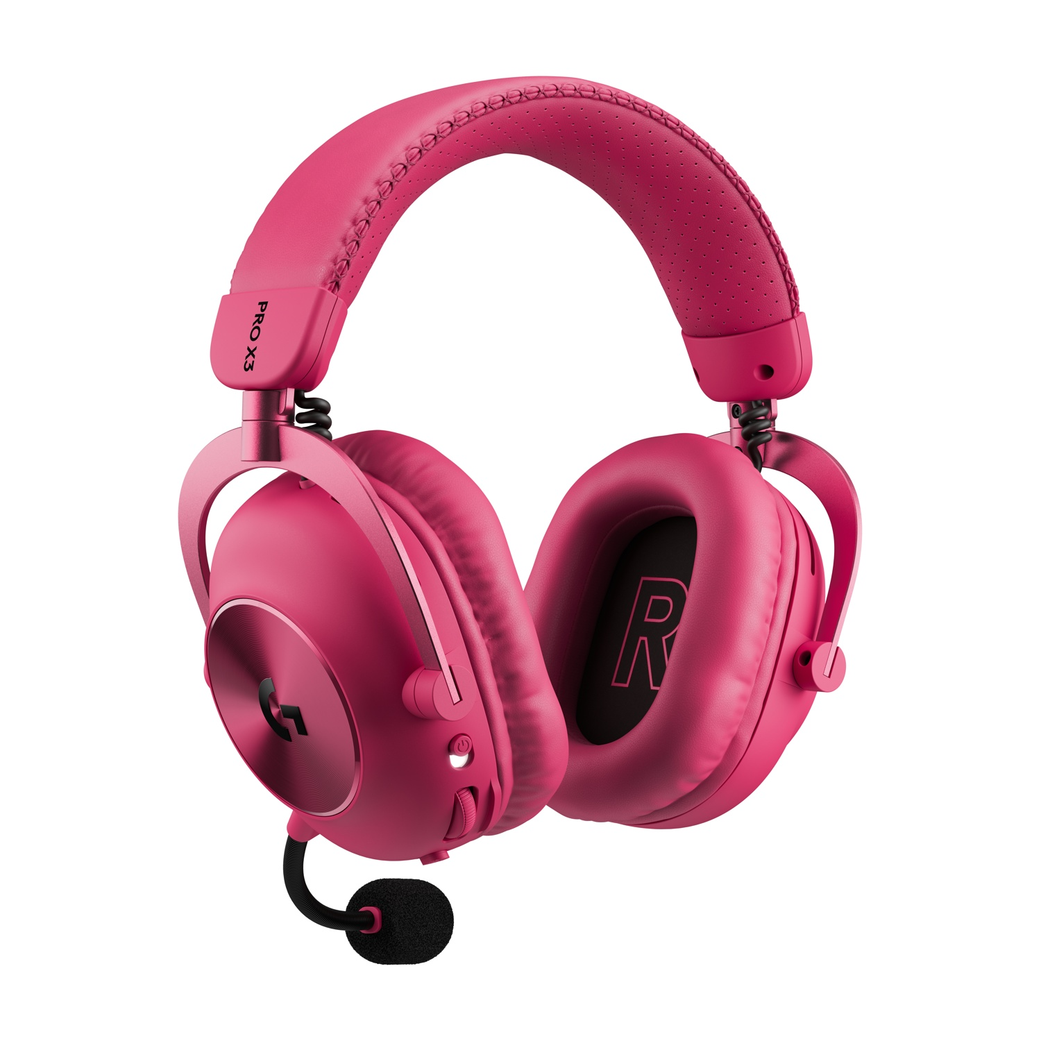 Cuffie da gioco over-ear rosa con microfono a stelo rimovibile e archetto in pelle su sfondo bianco.