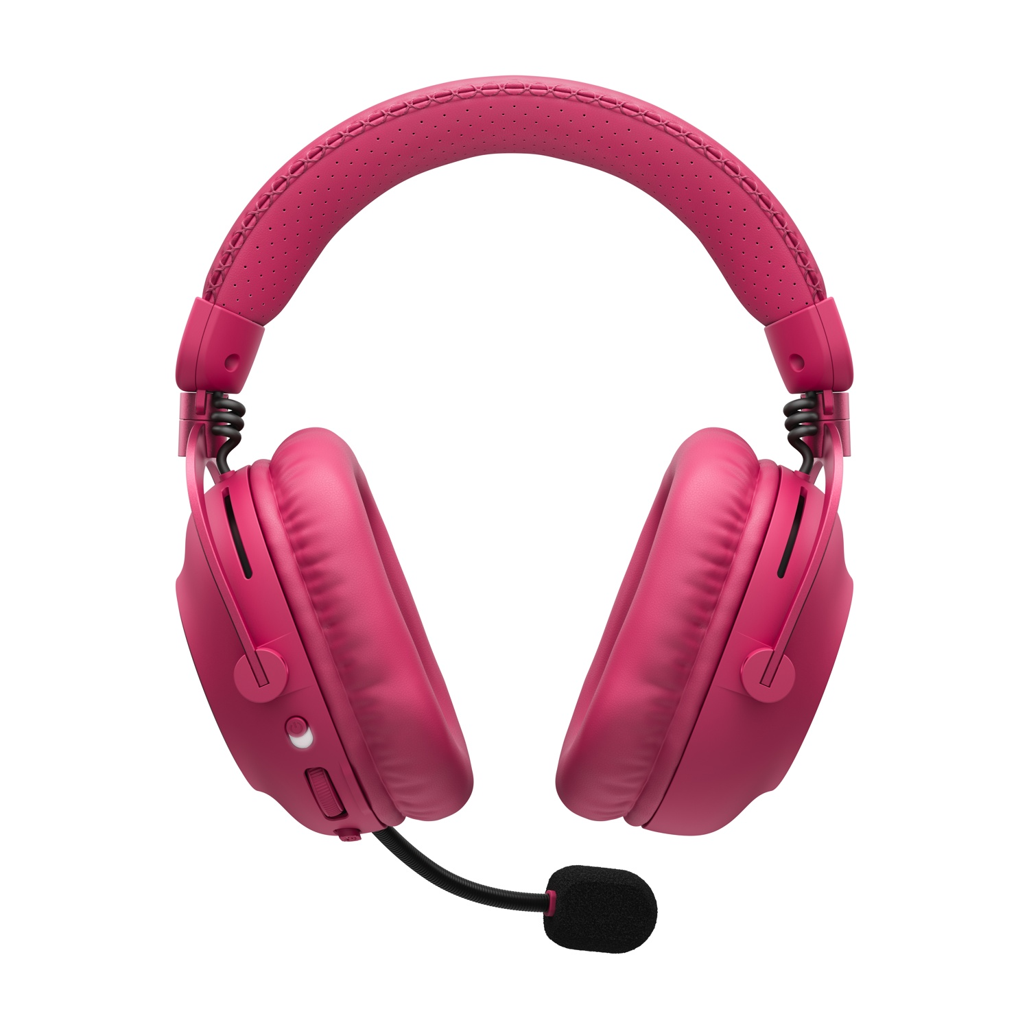 Cuffie da gioco rosa con archetto imbottito e microfono attaccato su sfondo bianco.