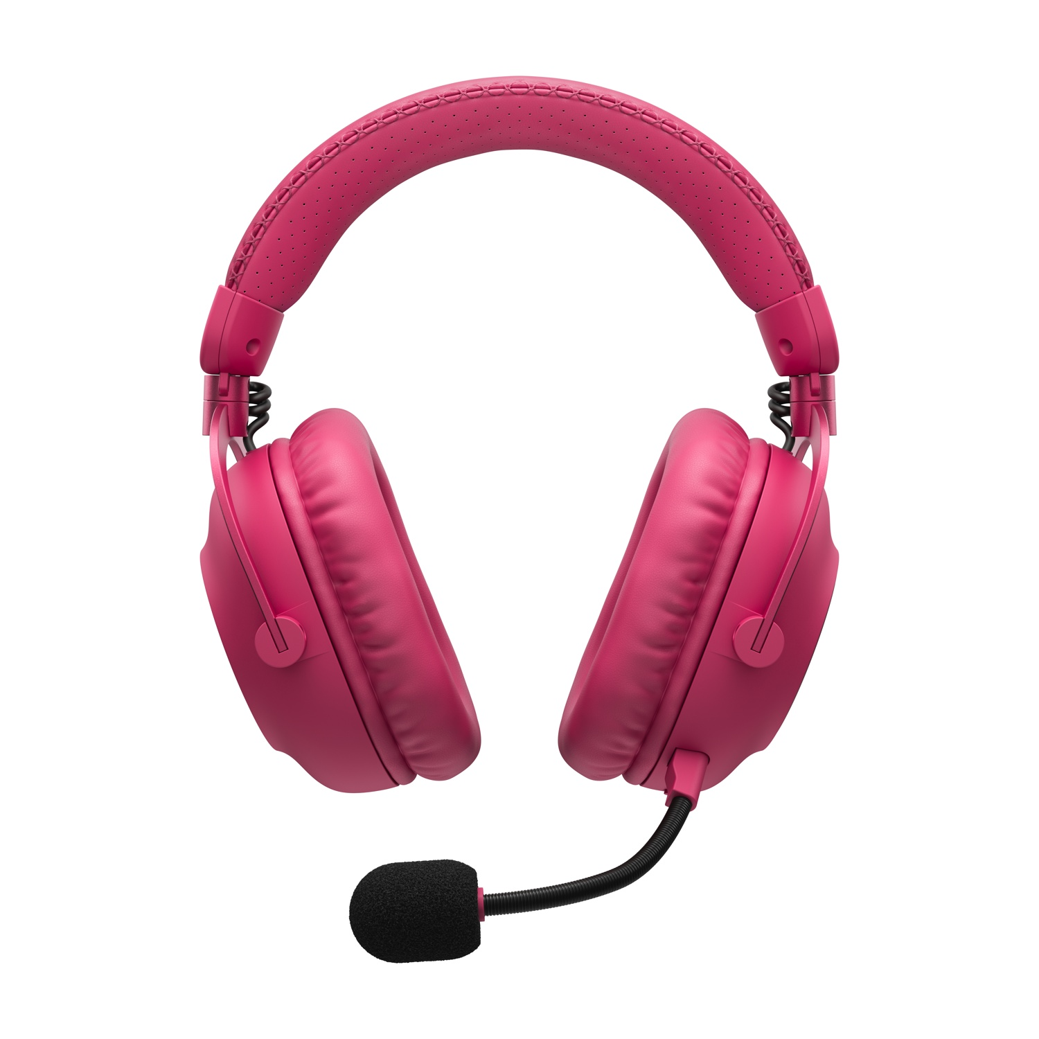Cuffie da gioco over-ear rosa con microfono nero su sfondo bianco.