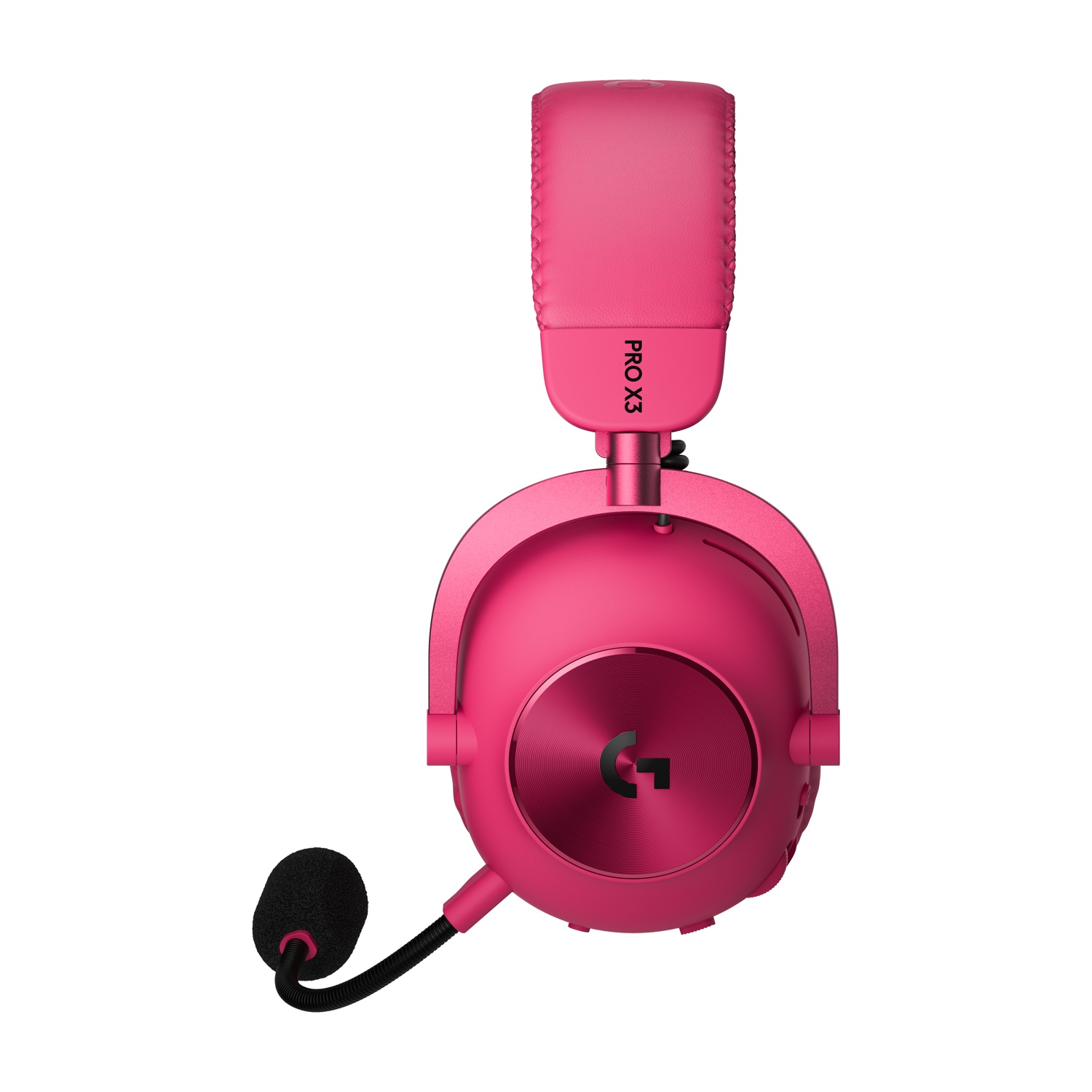 Cuffie da gioco PRO X3 rosa con microfono su sfondo bianco.