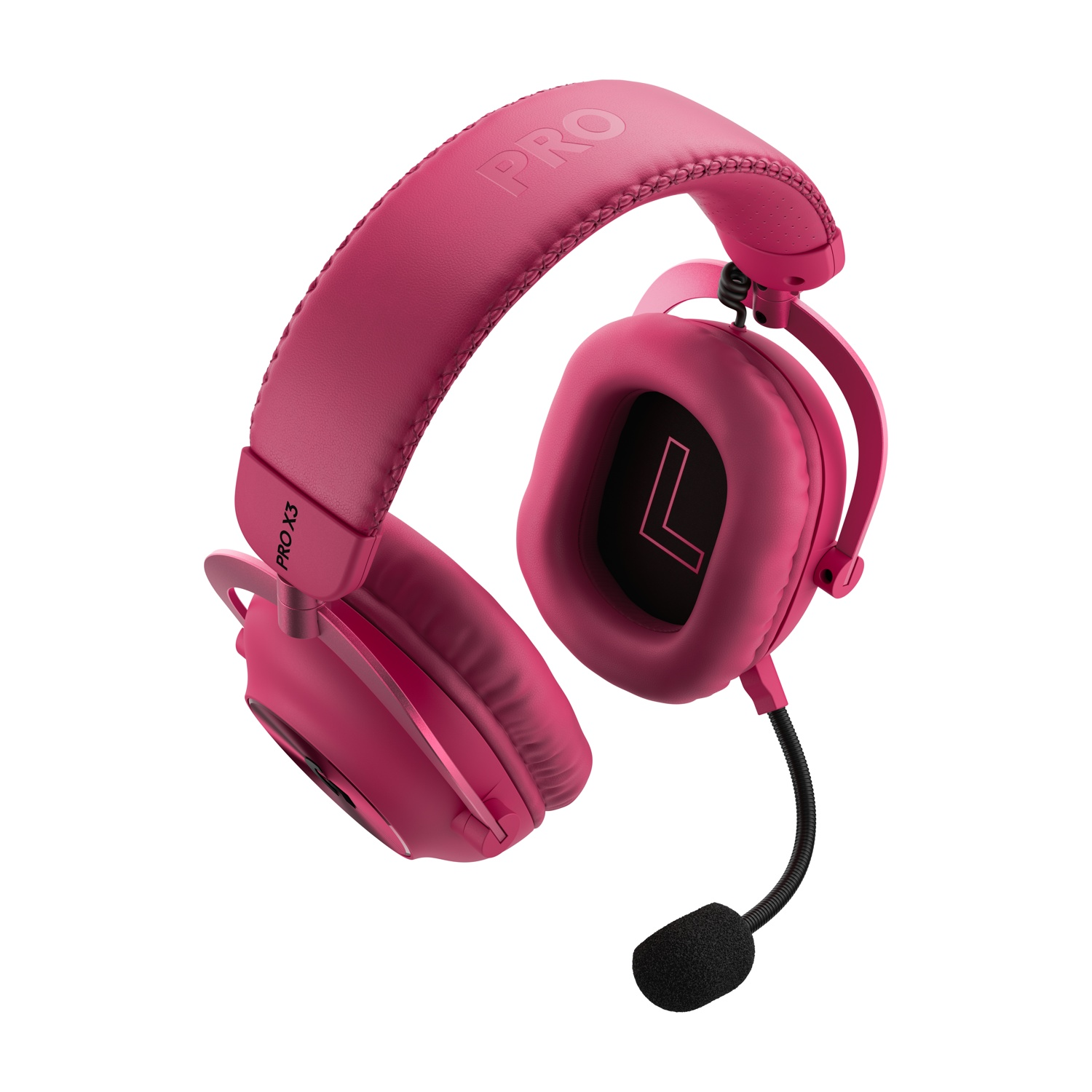 Cuffie da gaming over-ear rosa con microfono staccabile e archetto imbottito su sfondo bianco.