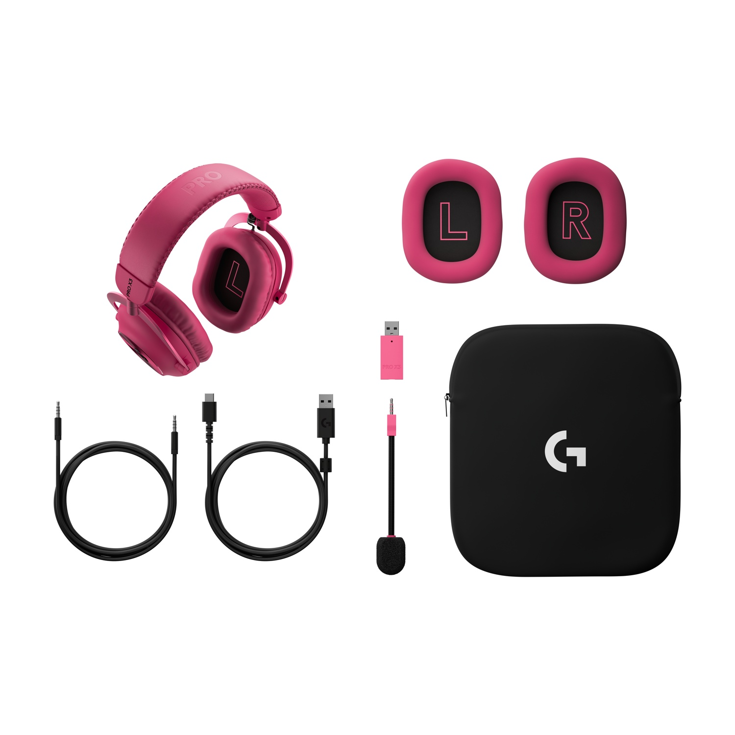 Cuffie rosa con cuscinetti extra, cavi, microfono, adattatore USB e custodia nera.