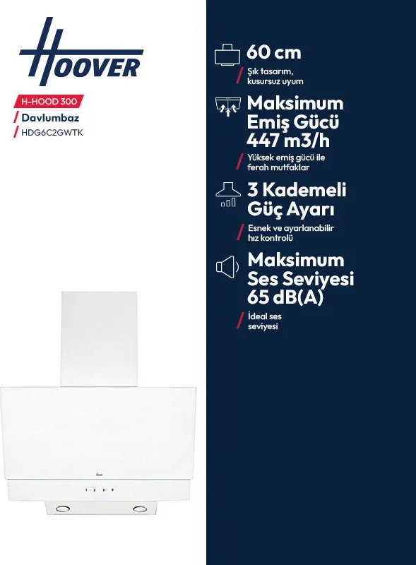 60 cm genislik ve 447 m3/h guc ozelliklerine sahip beyaz davlumbaz.