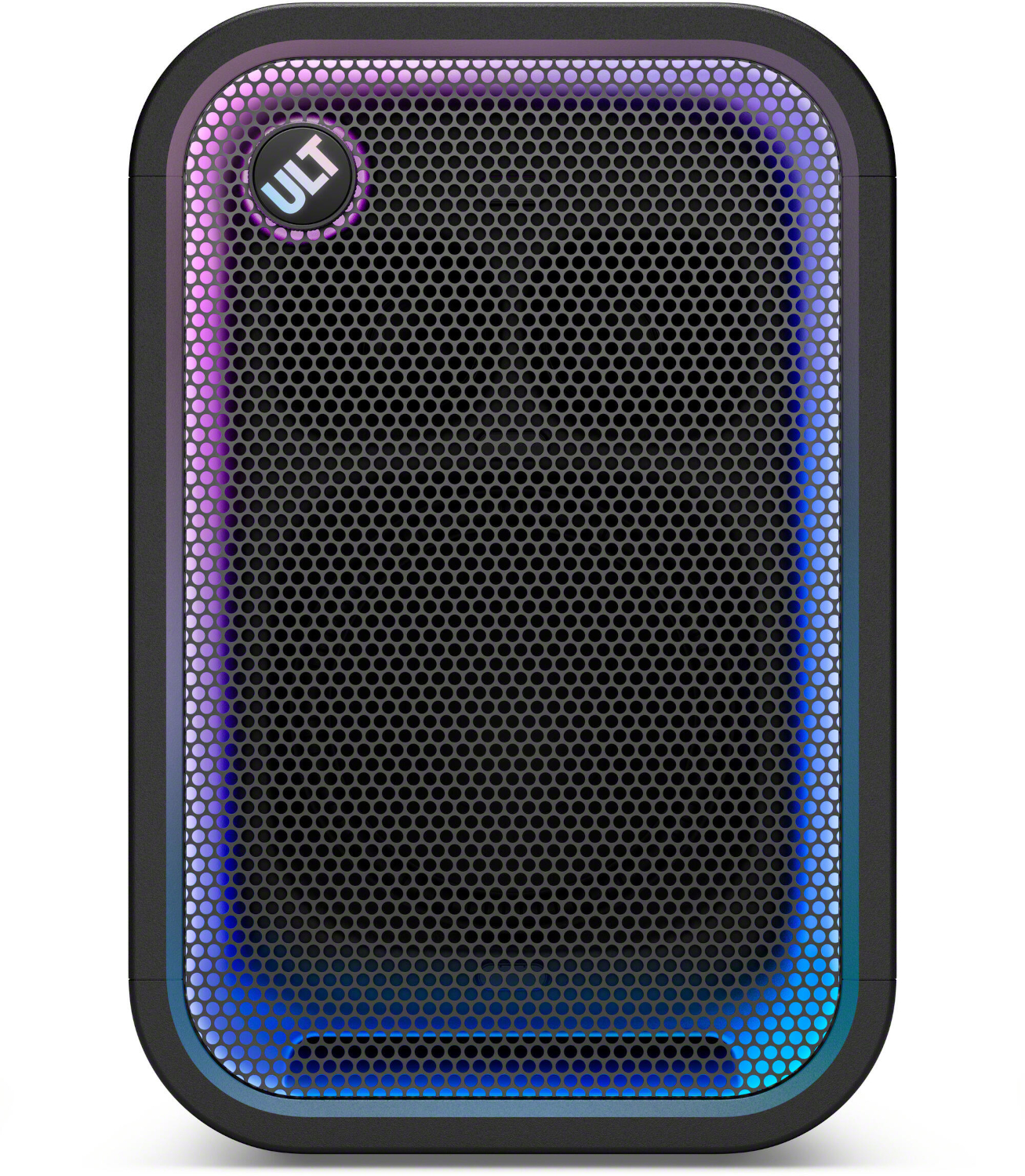 Black vertical speaker with a metal grille, round ULT button, and colorful LED lighting.