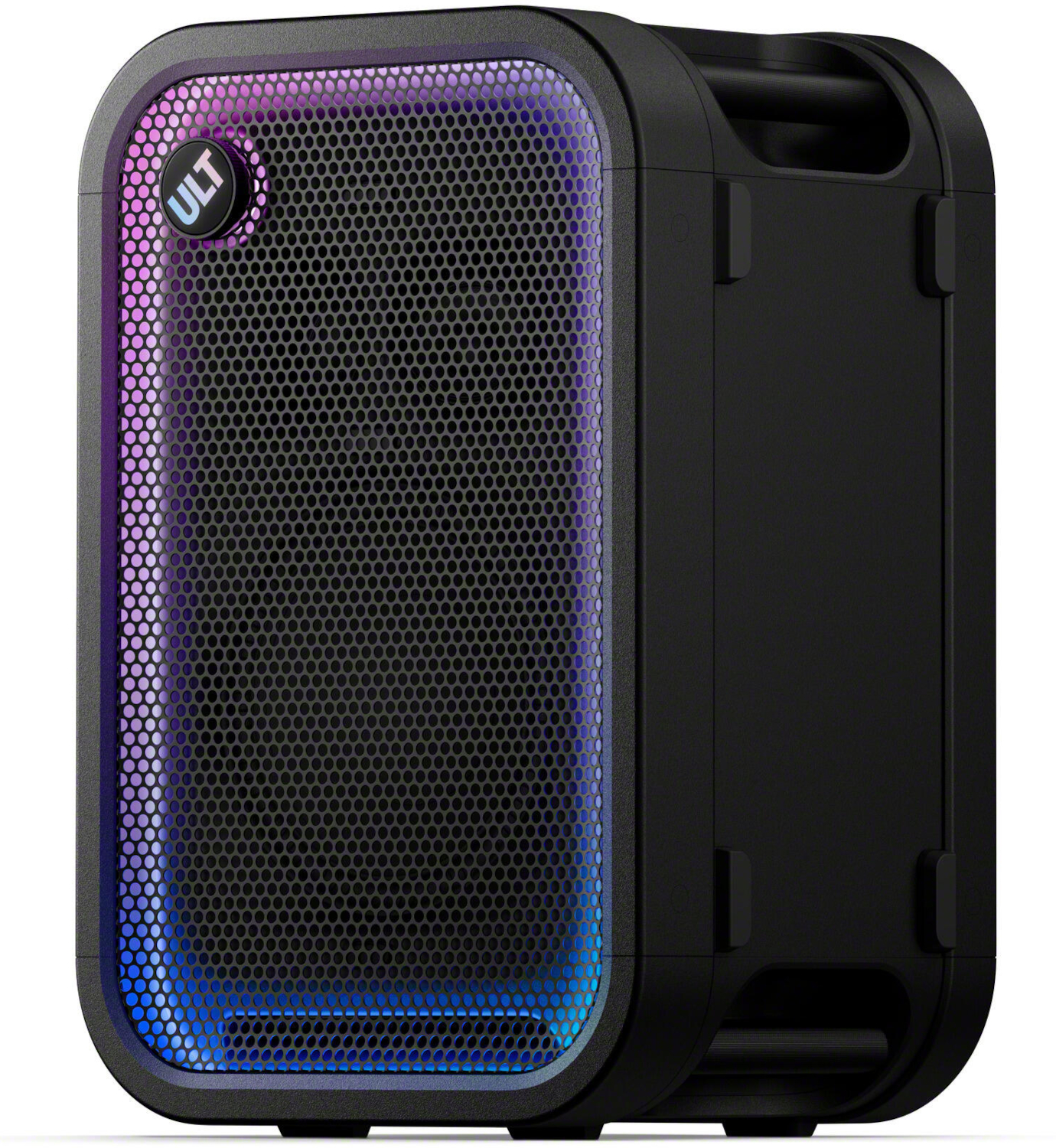 Black portable speaker with a metal grille, ULT button, and multicolored LED lighting.