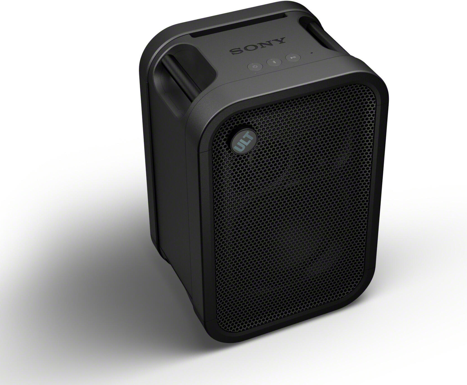 A black Sony bluetooth speaker stands against a light background.