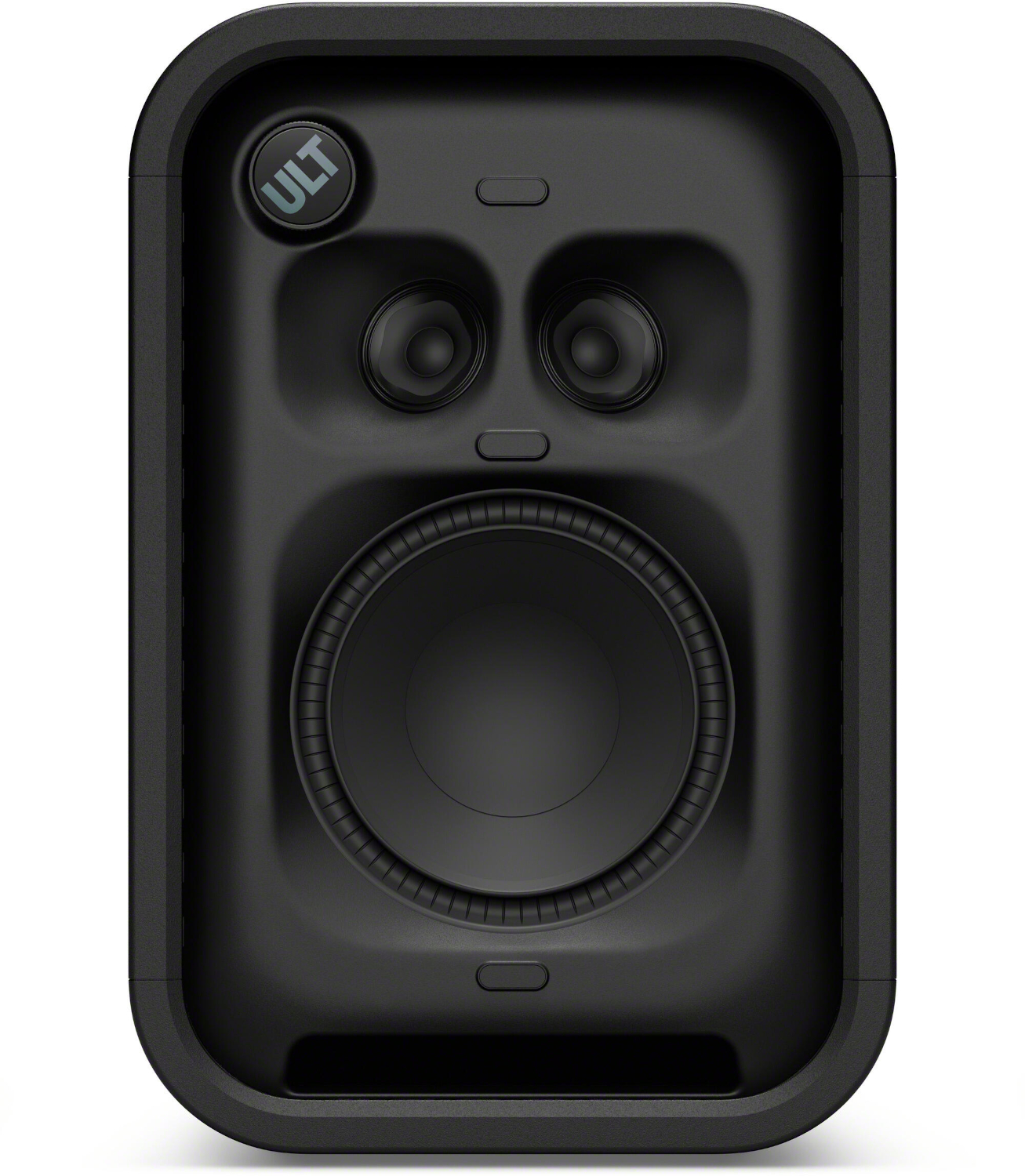 A black speaker featuring two tweeters, a large woofer, and a circular ULT button.