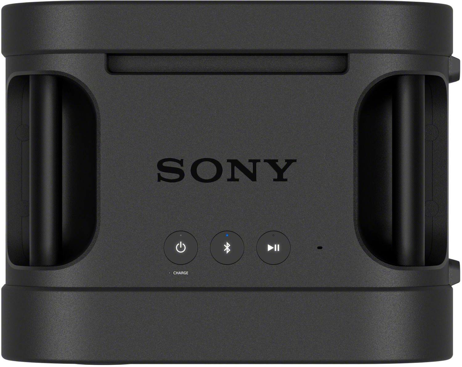 A black Sony bluetooth speaker with power, bluetooth, and play buttons, plus integrated handles on both sides.
