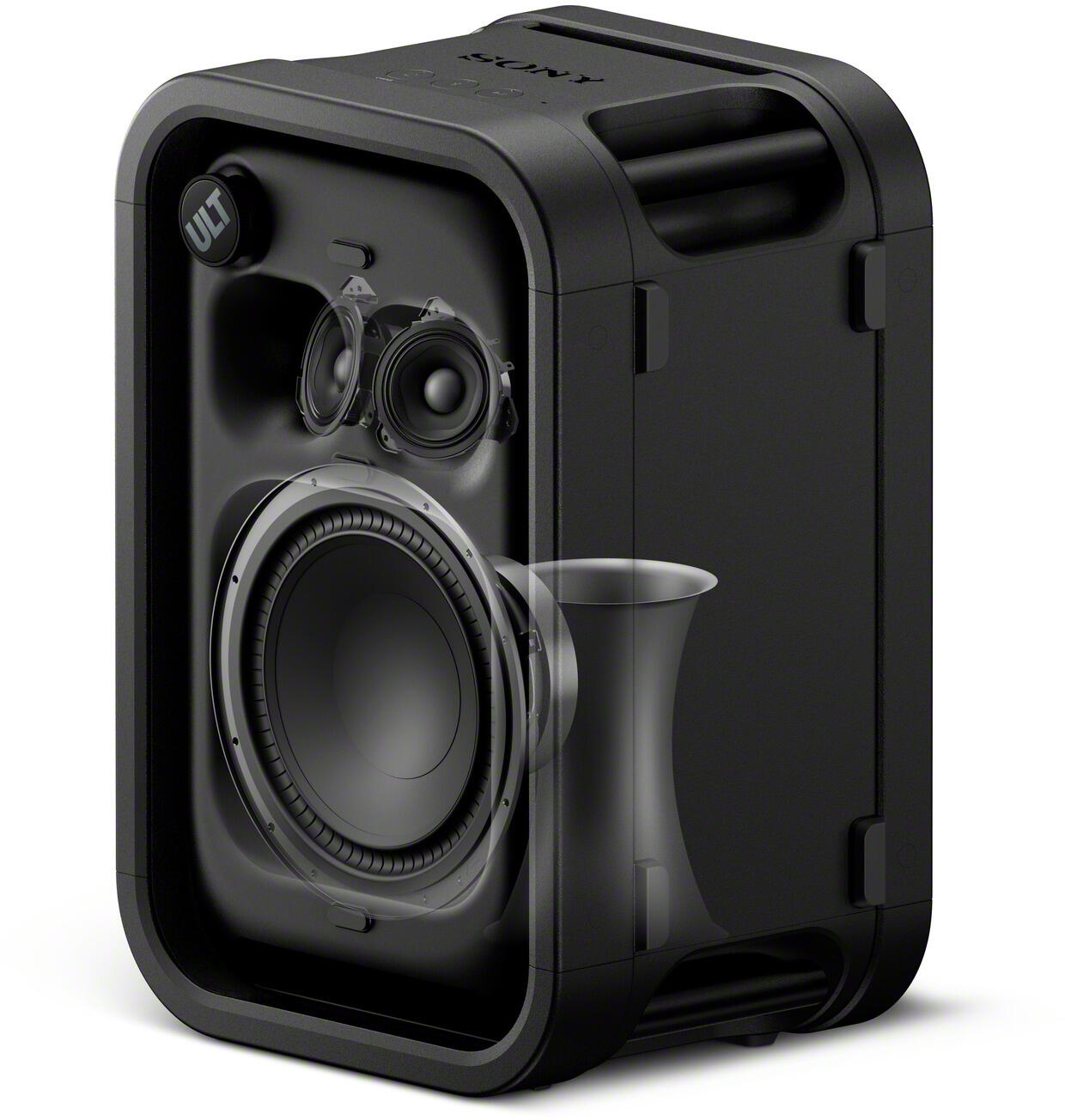 A black Sony portable speaker with visible internal drivers, woofer, and a translucent duct system on a white background.