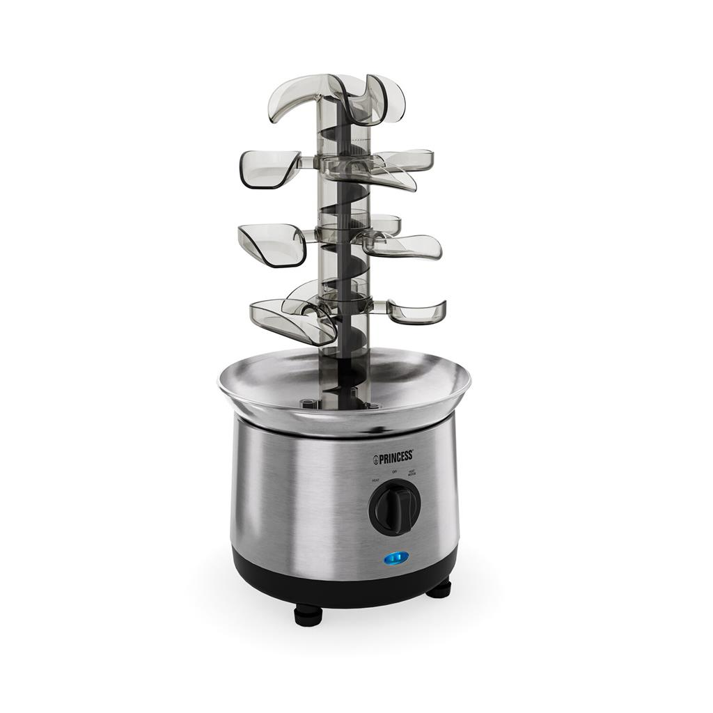 Edelstahl-Schokoladenbrunnen mit vierstufigem transparentem Aufsatz und schwarzem Kontrollregler.