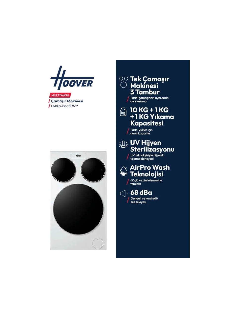 Mavi arka planda üç tamburlu, UV sterilizasyonlu ve 12 kg toplam kapasiteli Hoover Multiwash çamaşır makinesi.