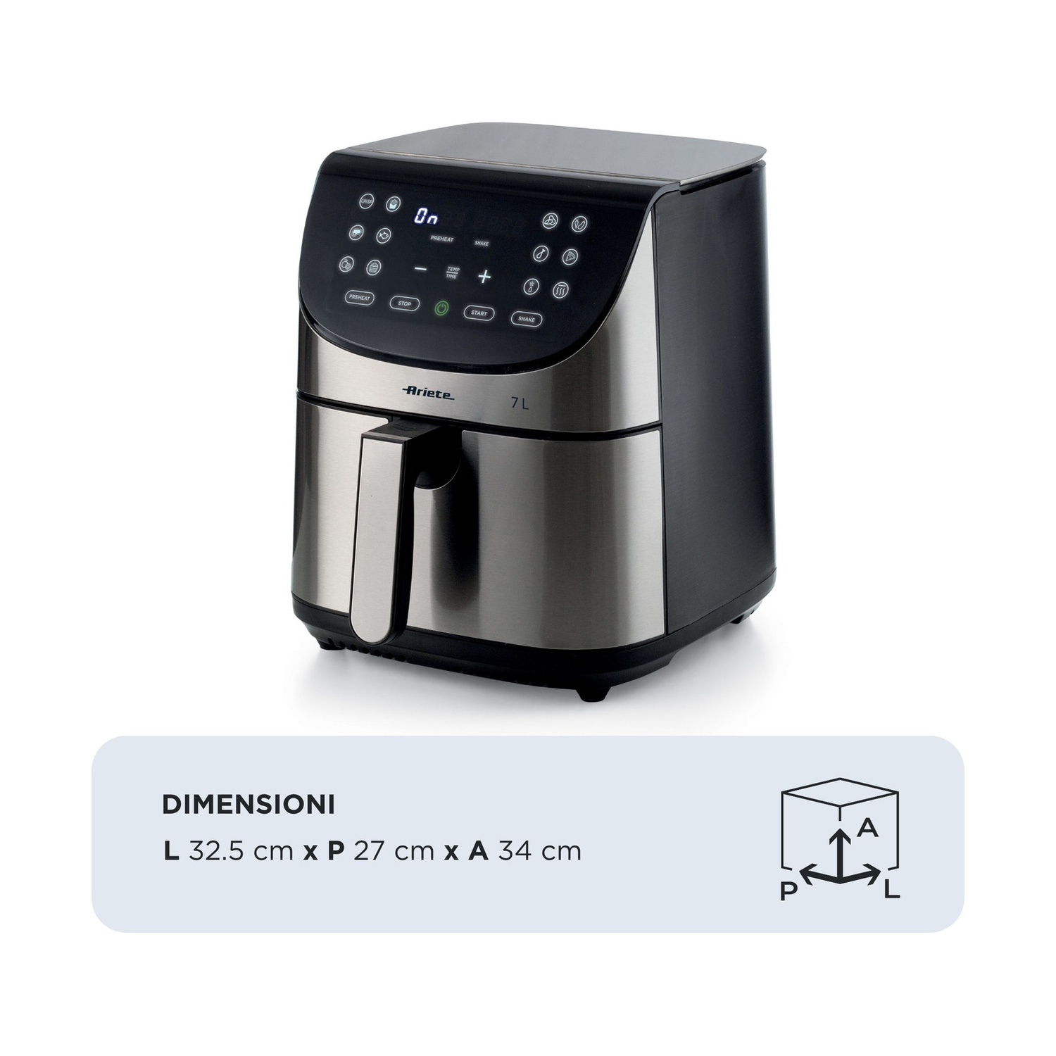 Friggitrice ad aria Ariete nera e argento con display digitale, dimensioni 32.5x27x34 cm.