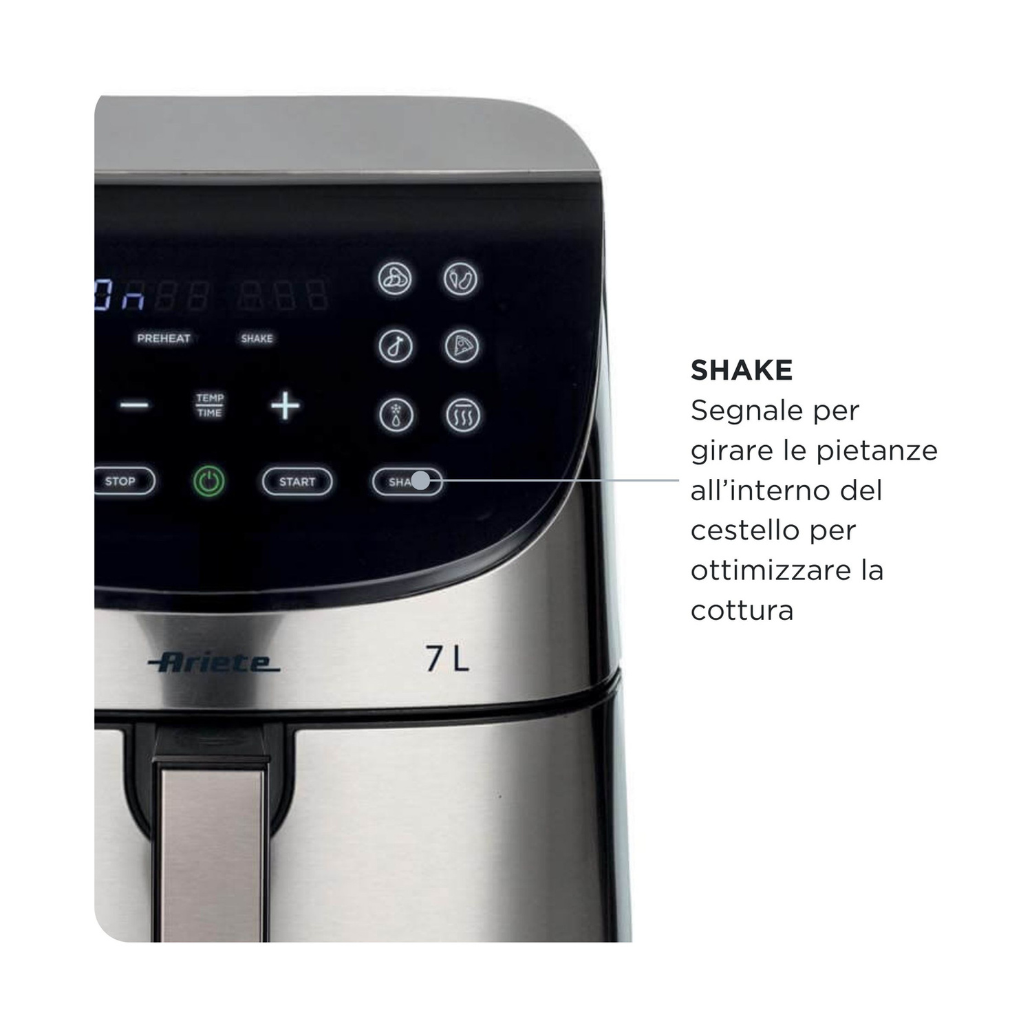 Friggitrice ad aria Ariete con pannello touch digitale e funzione shake per ottimizzare la cottura.