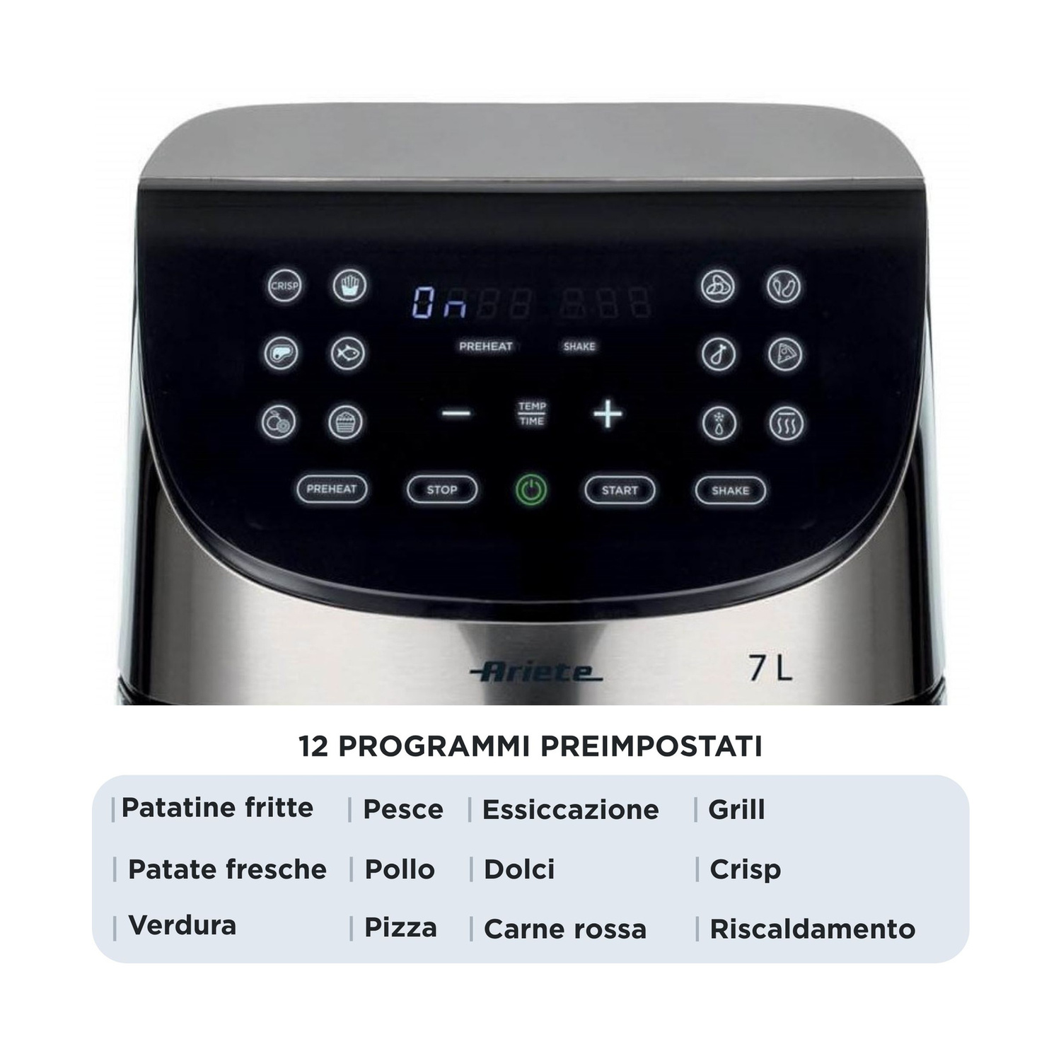 Pannello di controllo di una friggitrice ad aria da 7L con display digitale e 12 programmi.