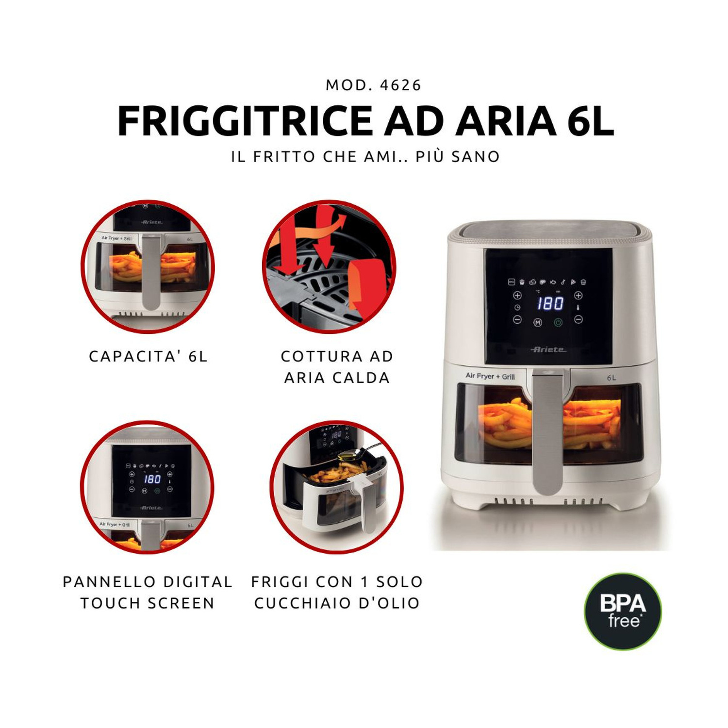 ARIETE AIR FRYER 6 L FRIGGITRICE AD ARIA, capacità 6 l, Max potenza 1300 W, Bianco