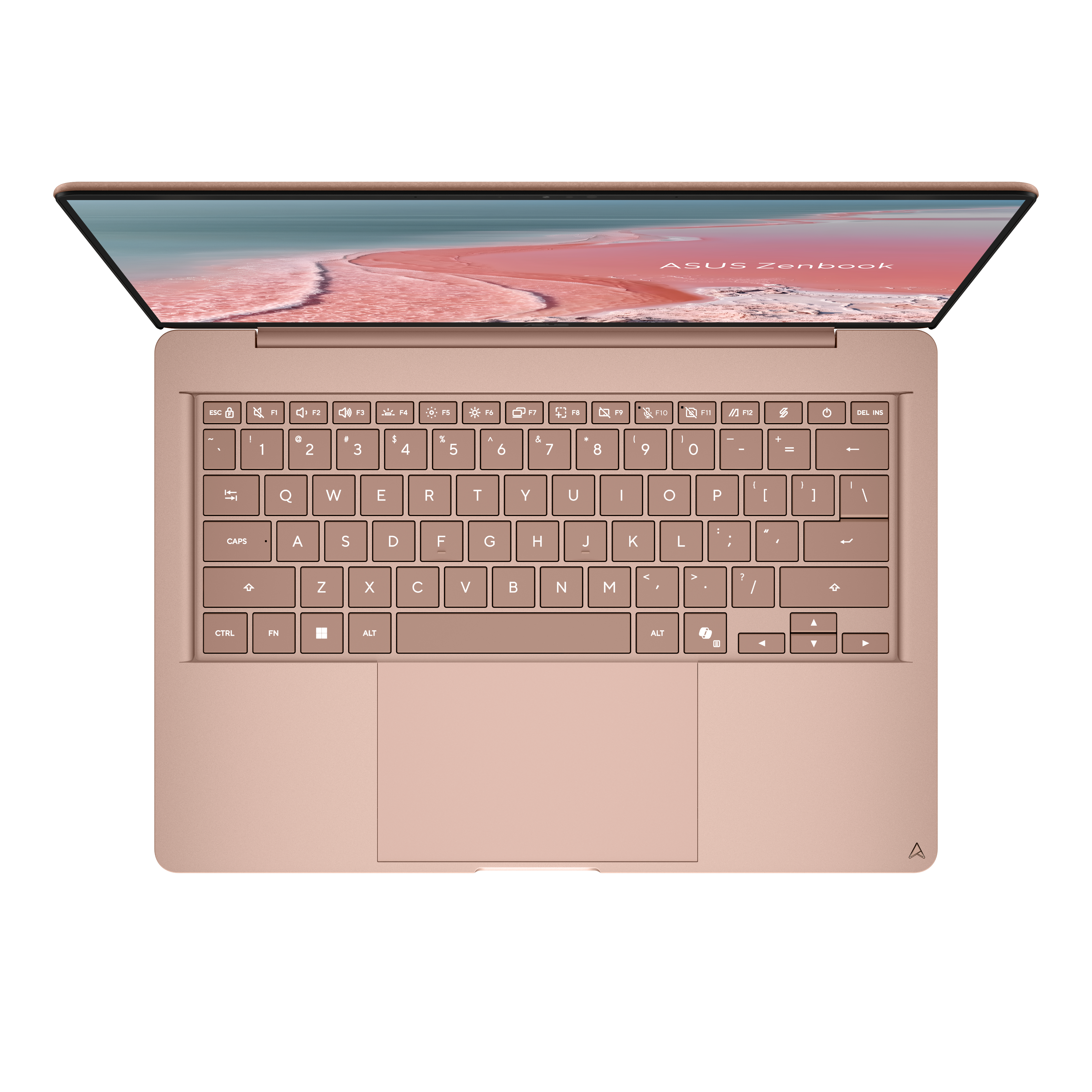 Ein roségoldener Asus ZenBook Laptop mit geöffnetem Bildschirm und Blick von oben auf die Tastatur.