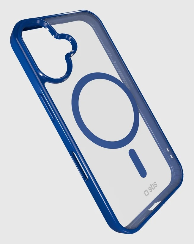 Przezroczyste niebieskie etui na telefon z pierścieniem magnetycznym, bocznymi przyciskami i wycięciem.