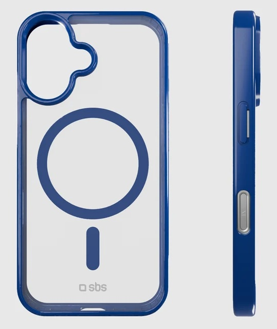 Niebieskie, przezroczyste etui na telefon z okręgiem MagSafe i logo, widok z przodu i z boku na jasnym tle.