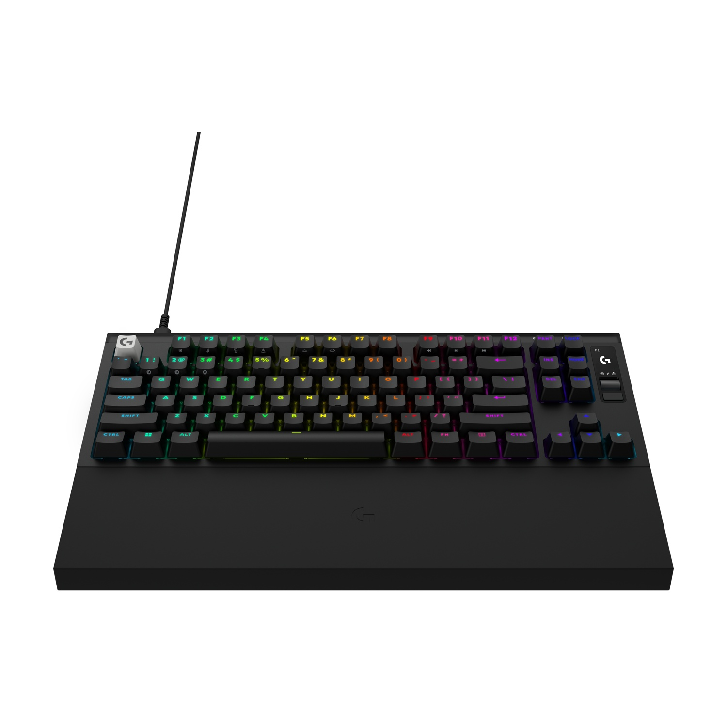 Tastiera meccanica nera con retroilluminazione RGB, cavo collegato e poggiapolsi coordinato in basso.