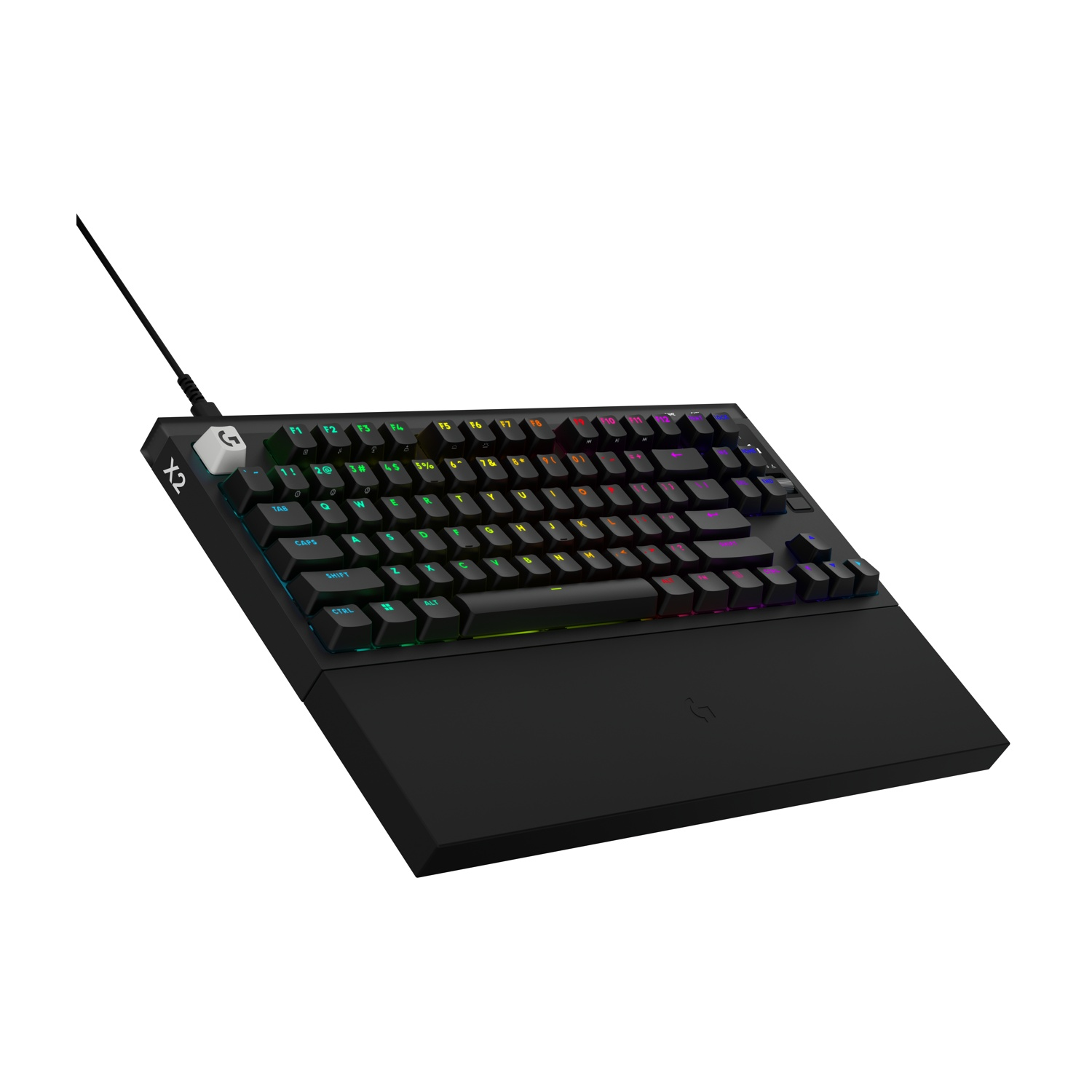 Una tastiera meccanica nera con retroilluminazione RGB e poggiapolsi integrato.