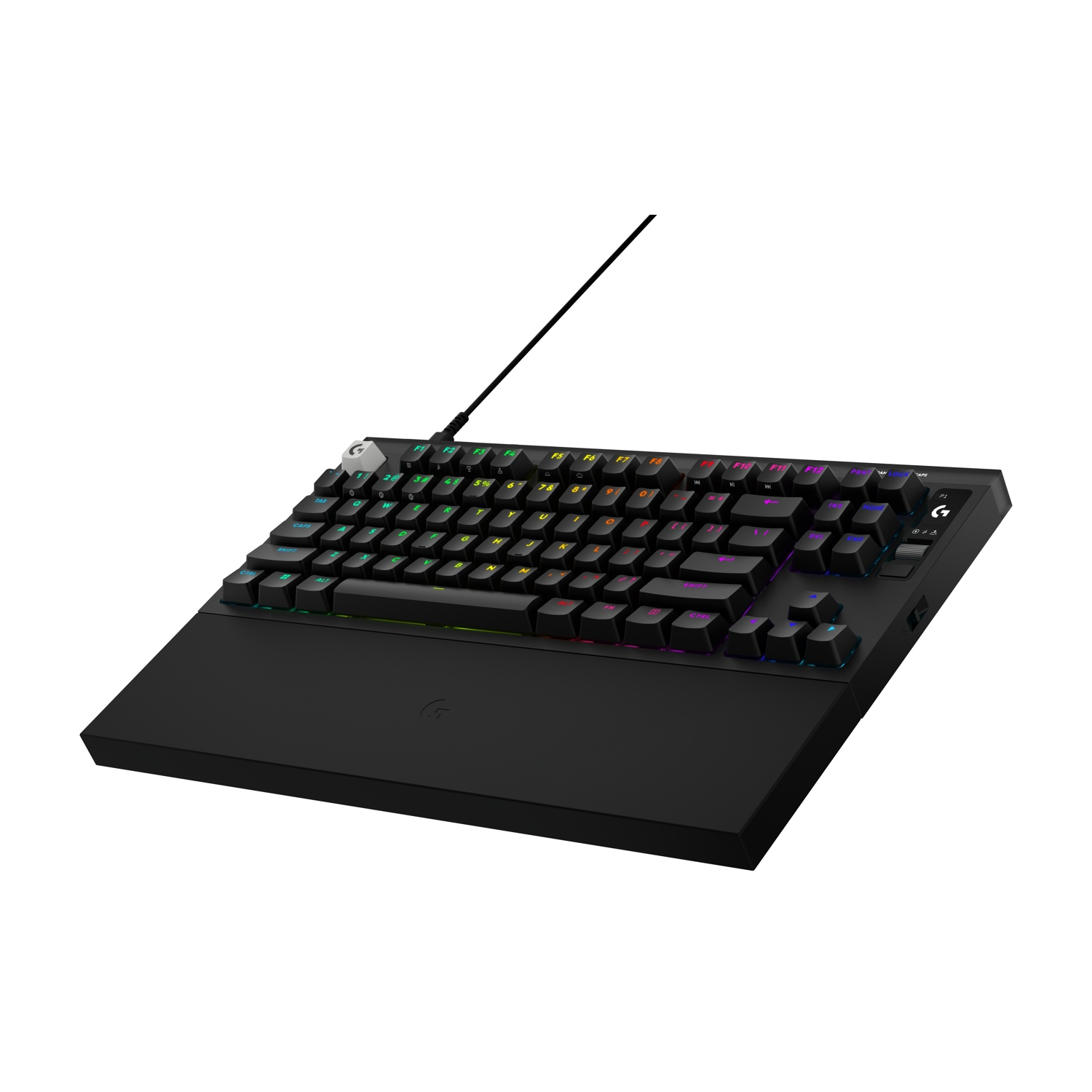 Tastiera da gioco meccanica nera con poggiapolsi integrato e retroilluminazione RGB.