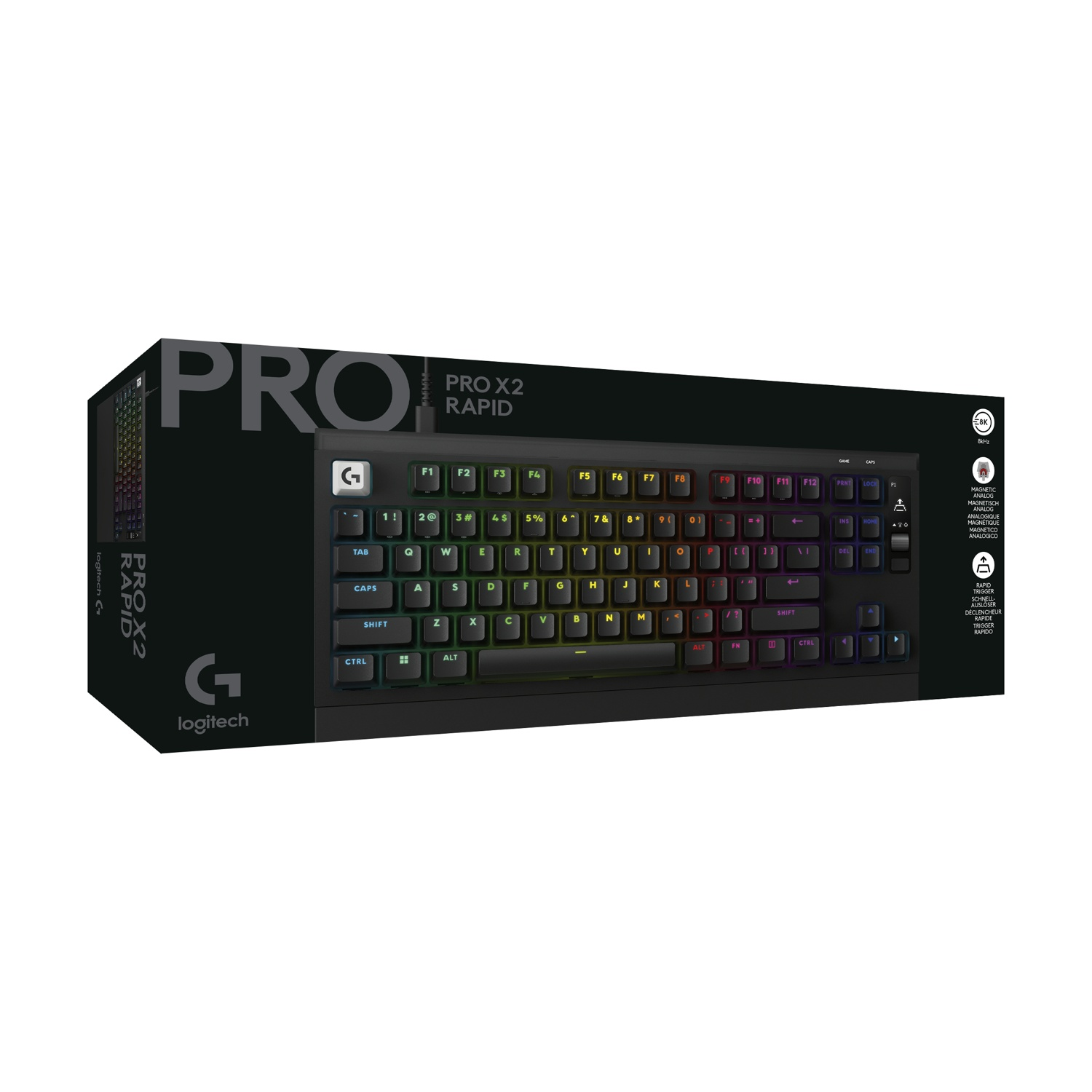 La confezione nera mostra la tastiera da gioco Logitech PRO X2 Rapid con illuminazione RGB.