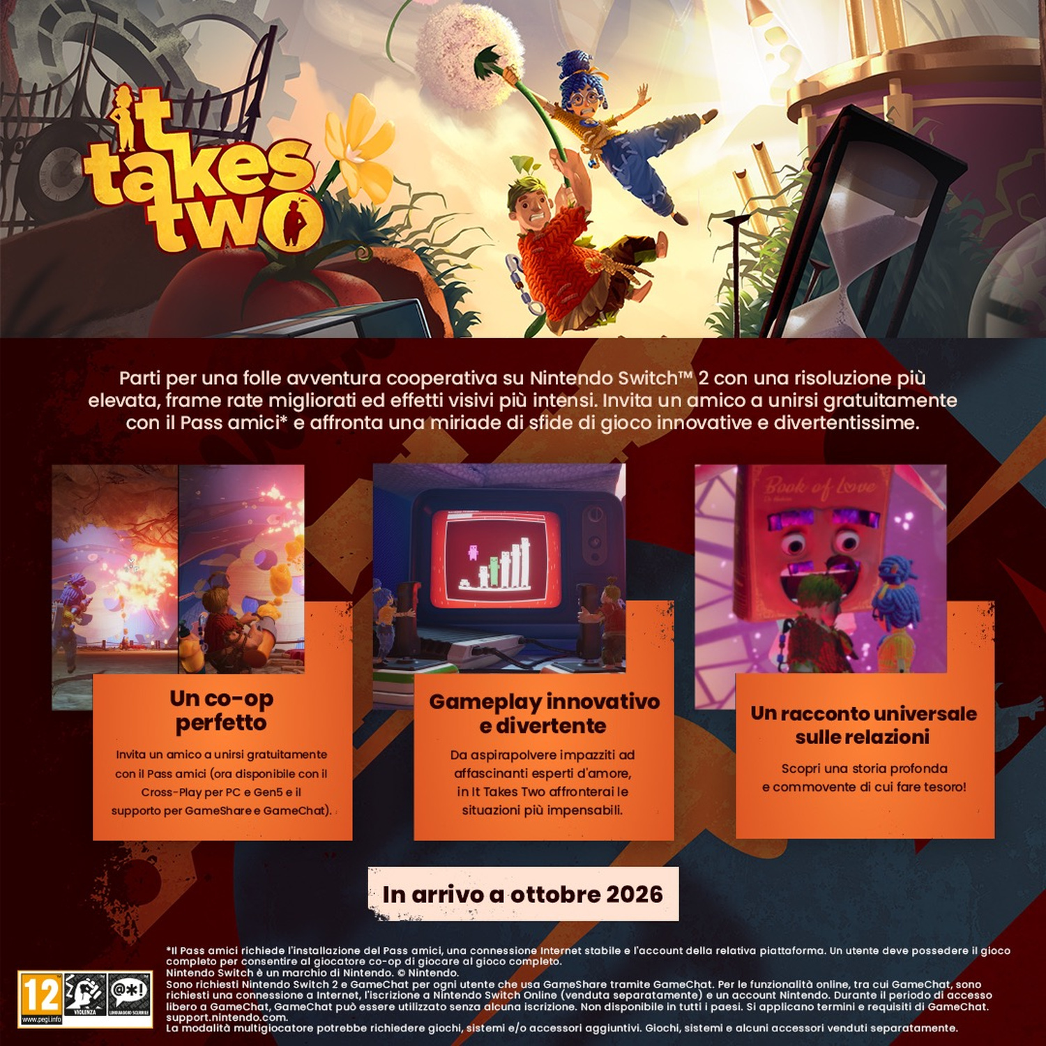 Locandina promozionale per It Takes Two su Nintendo Switch con personaggi e gameplay.