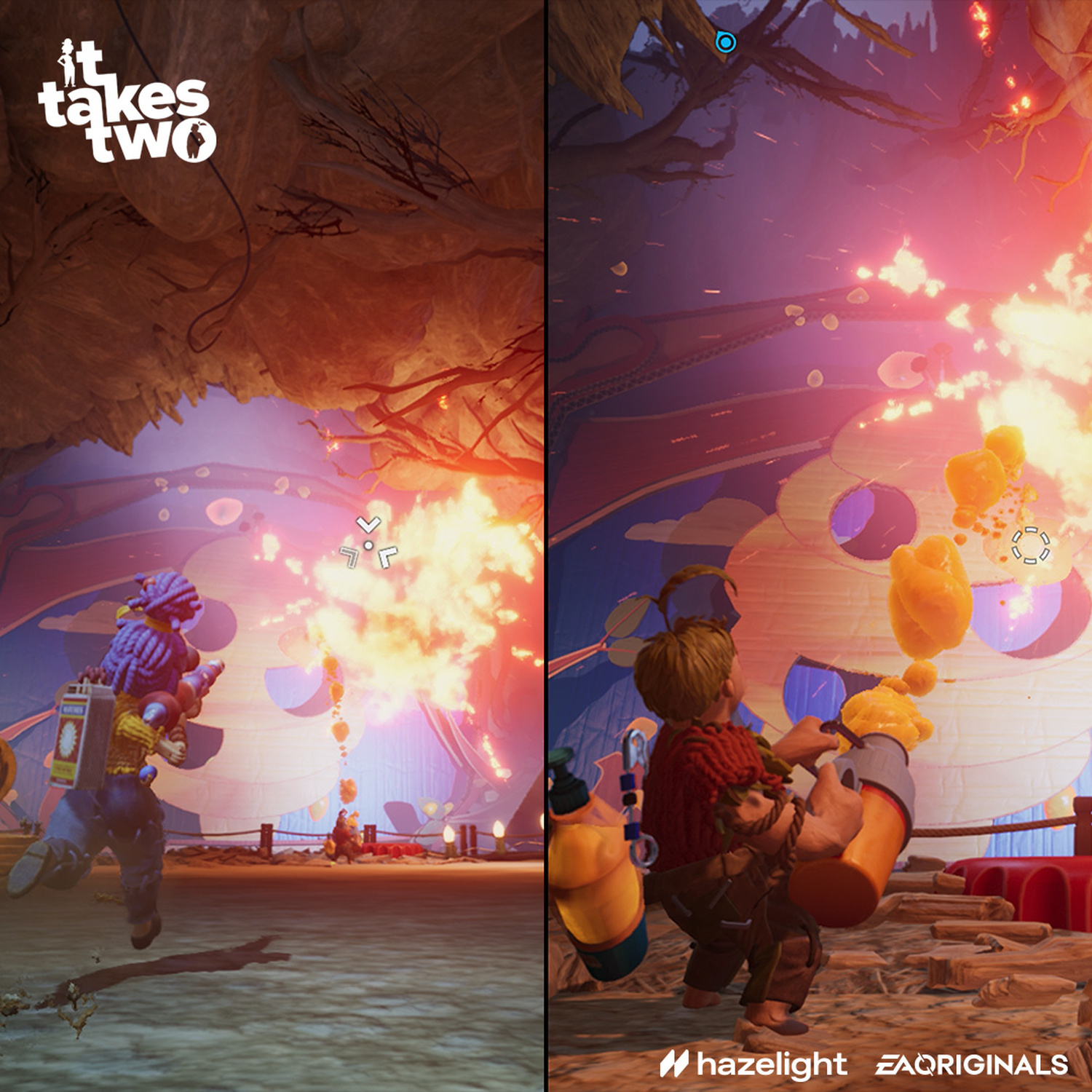 Schermo diviso mostra due personaggi di It Takes Two che combattono in un ambiente colorato simile a una grotta.