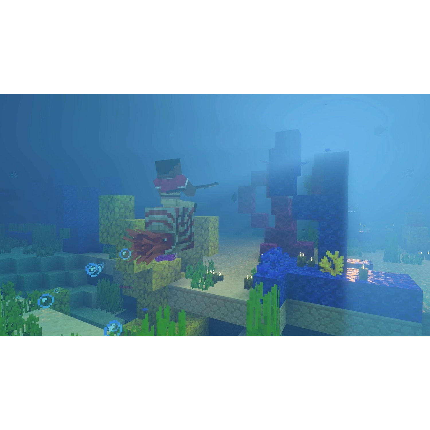Personaggio di Minecraft che cavalca un calamaro sott'acqua in una scena oceanica colorata.
