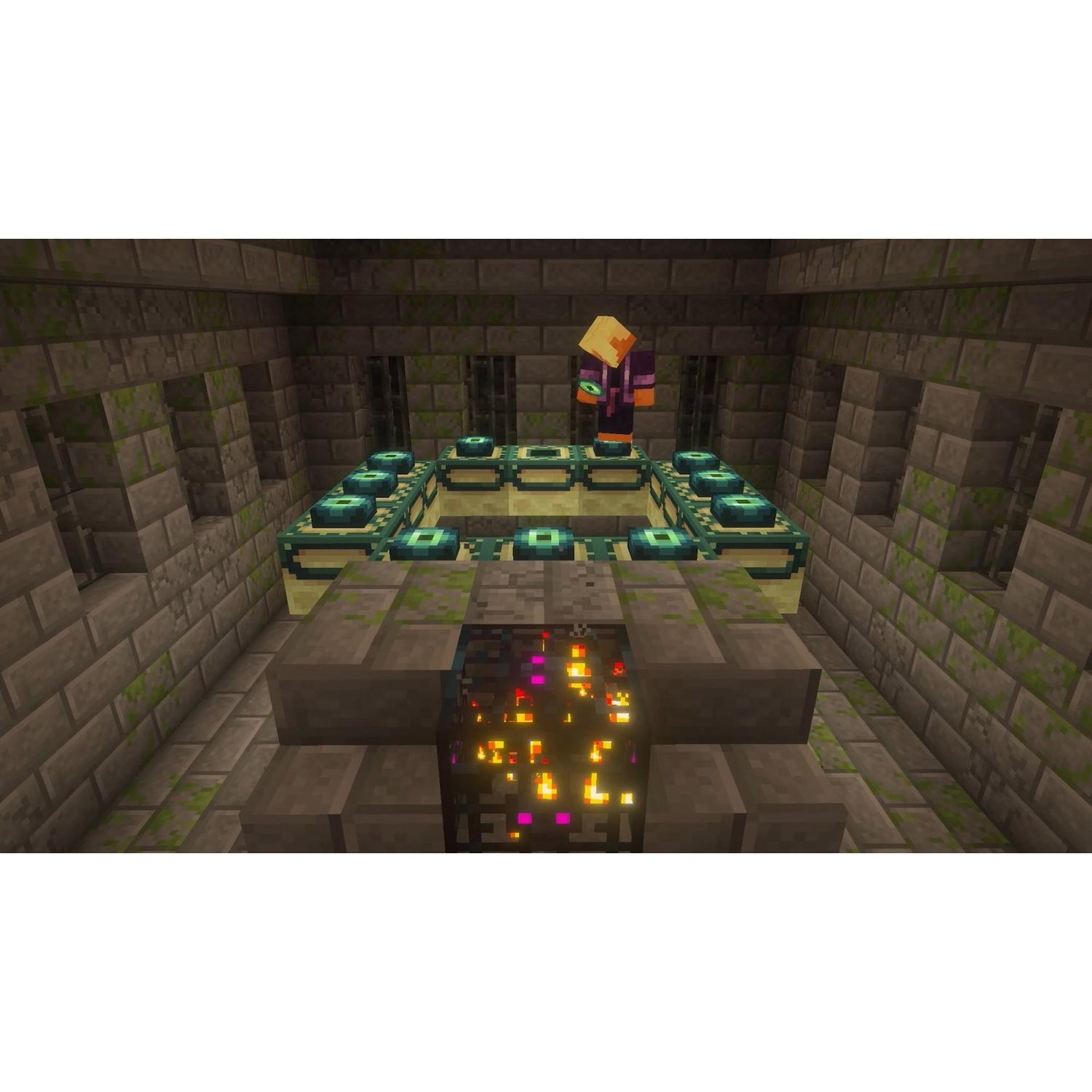 Personaggio di Minecraft vicino a un portale dell'End in una fortezza con una gabbia di fuoco in primo piano.