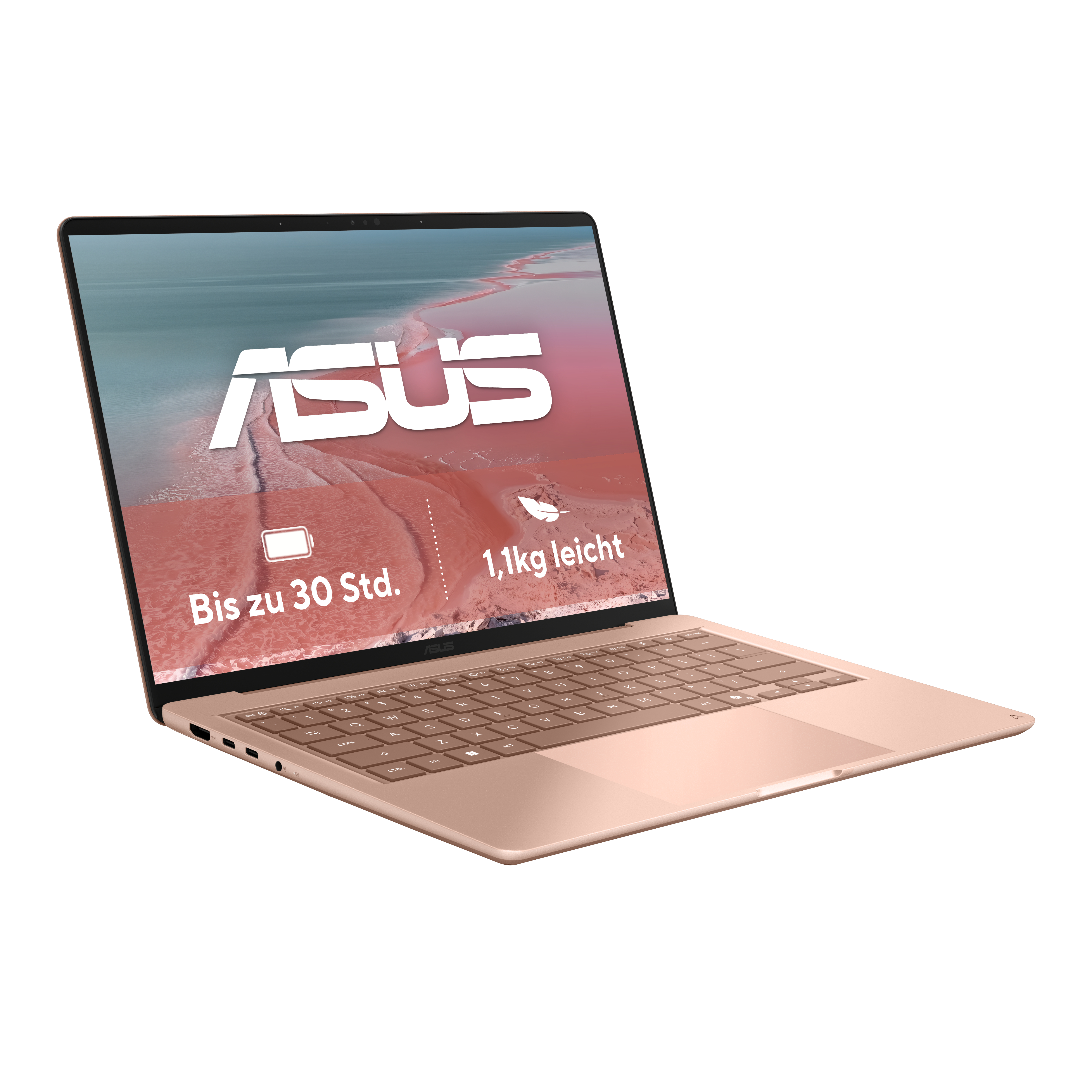 Ein roségoldener ASUS-Laptop mit deutschem Text auf dem Bildschirm, der auf einer weißen Oberfläche steht.