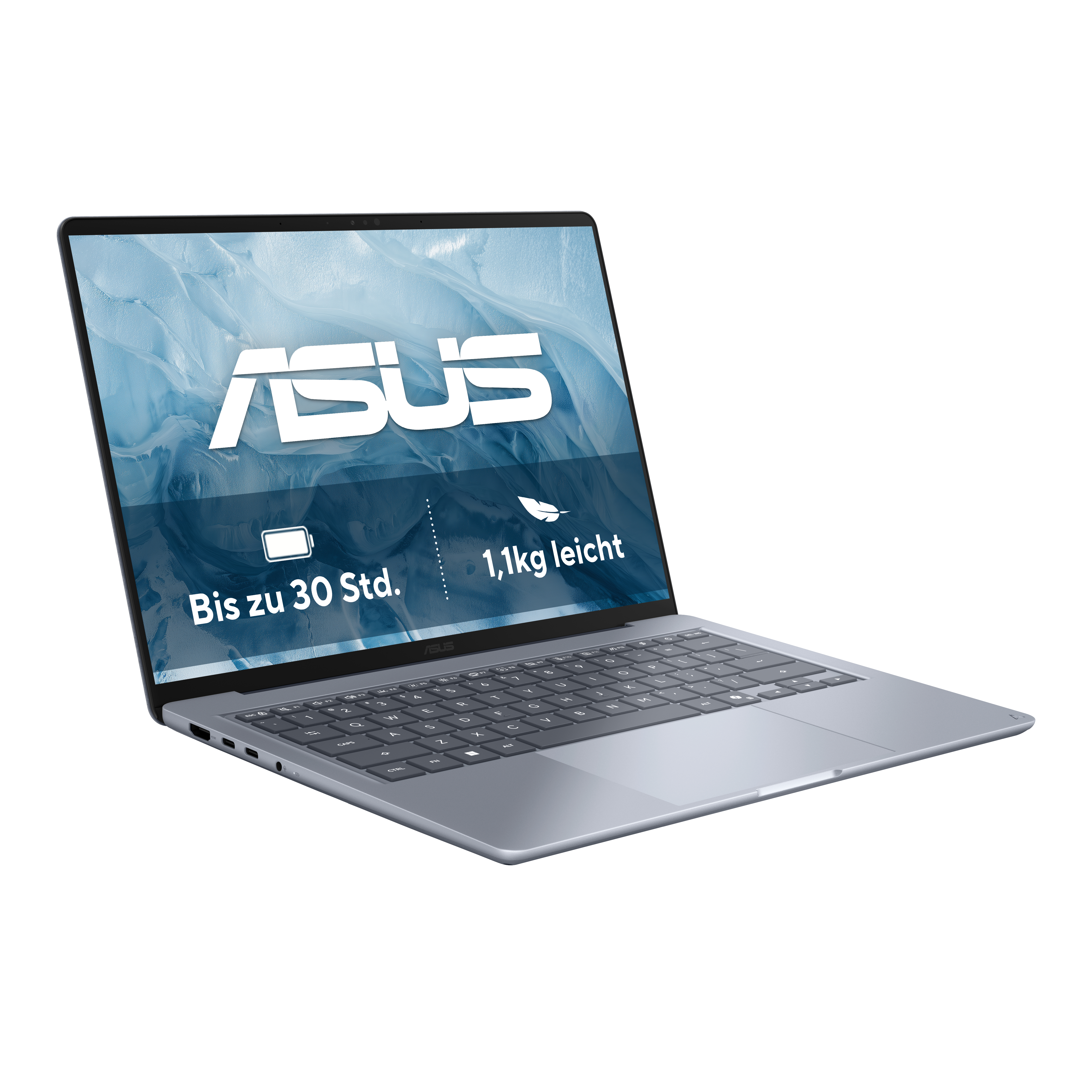 Silberner ASUS Laptop auf weißem Hintergrund mit Werbetext auf dem Bildschirm.