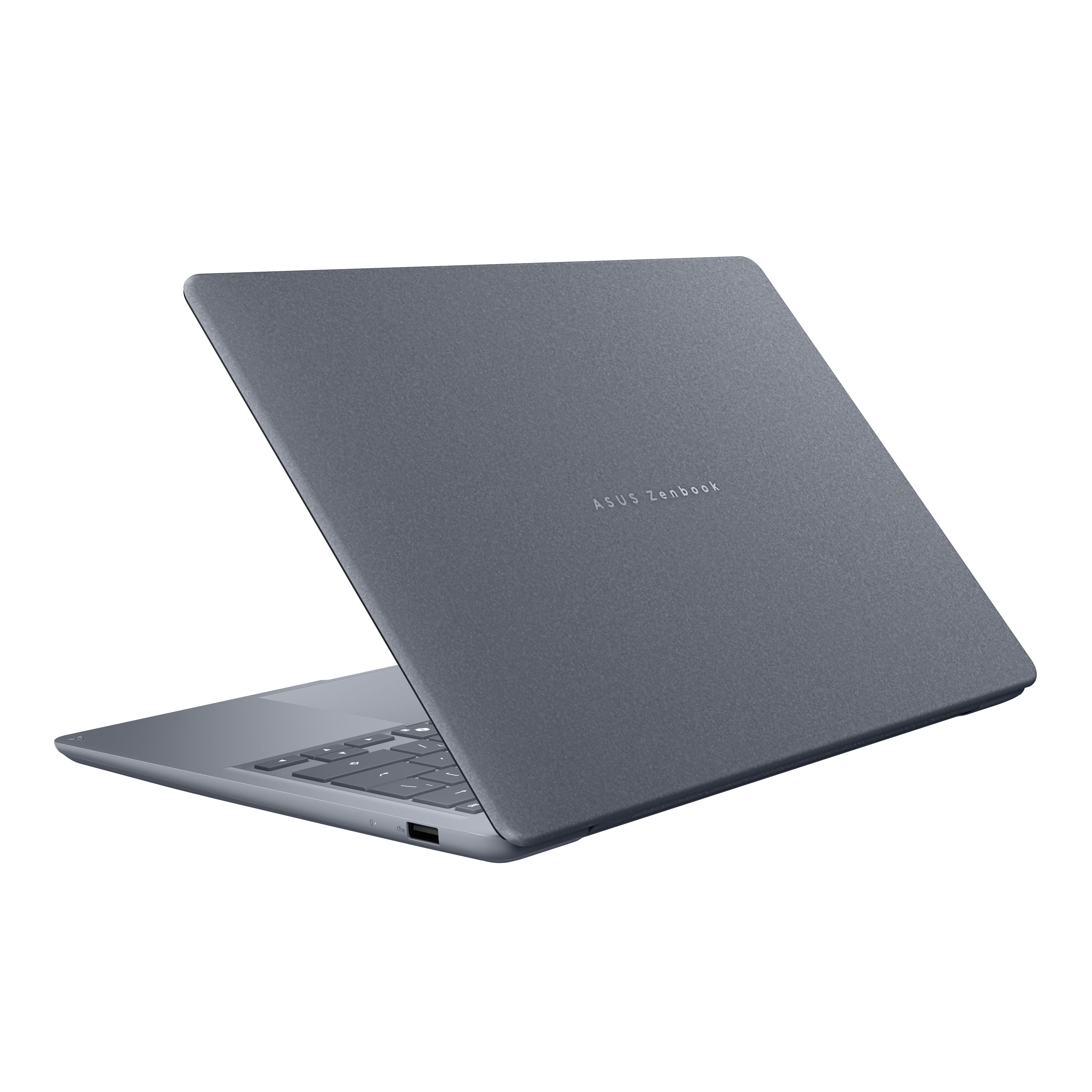 Ein geschlossener grauer ASUS Zenbook Laptop auf weißem Hintergrund.