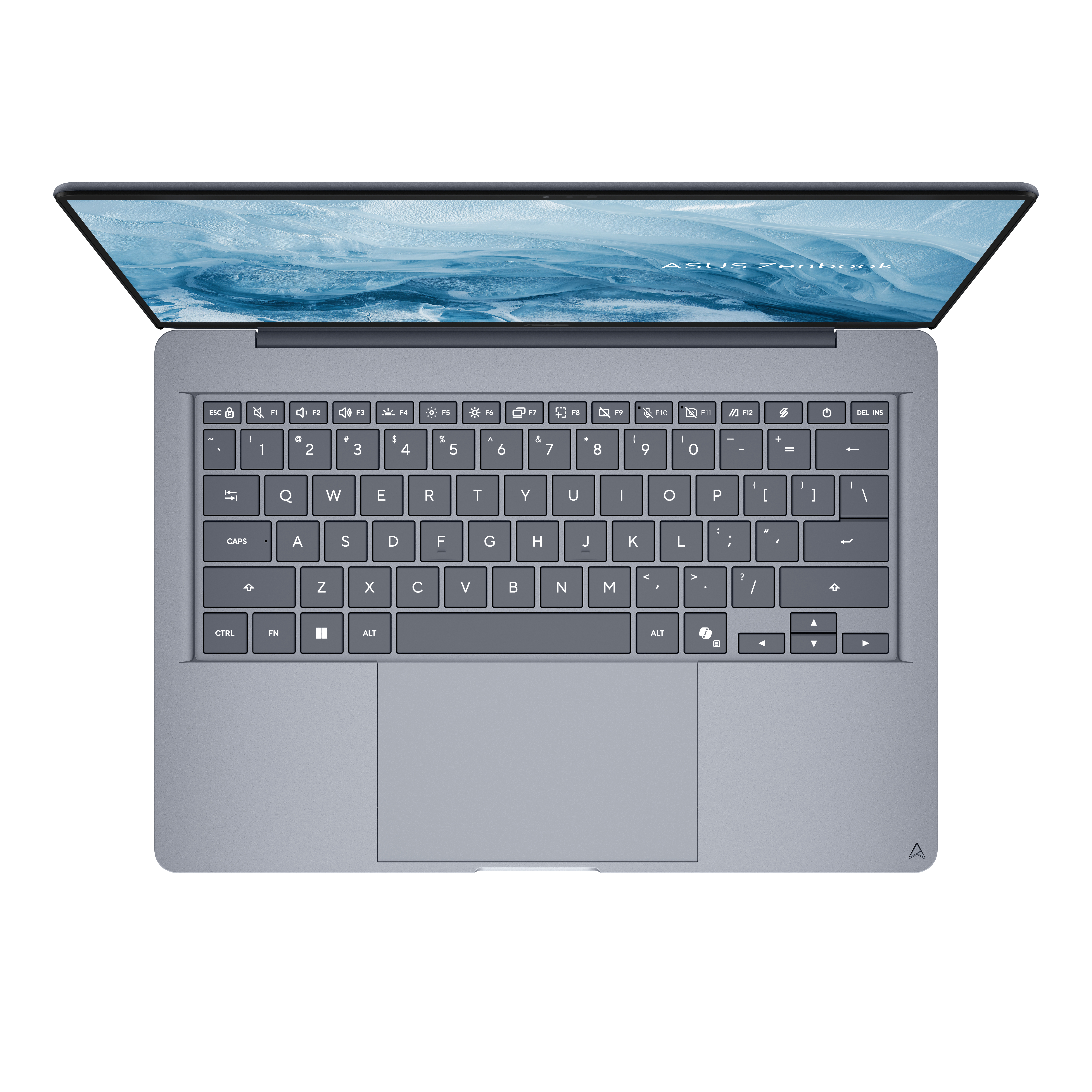 Draufsicht eines blauen Asus Zenbook Laptops mit beleuchteter Tastatur und blauem Wellenhintergrund auf dem Bildschirm.
