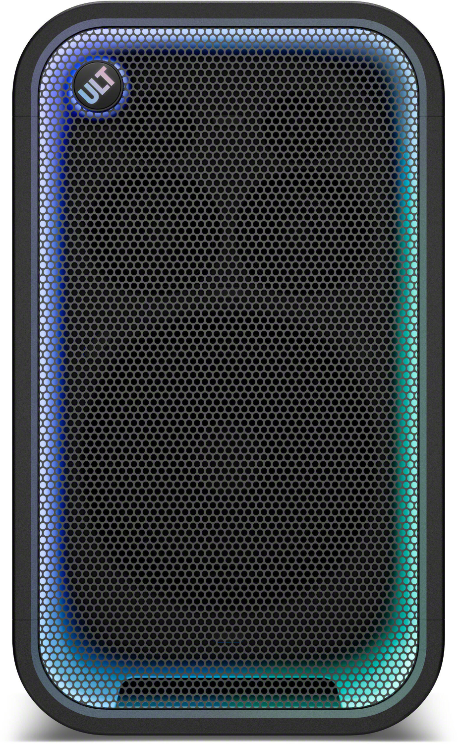 Black vertical Bluetooth speaker with blue lit rim and a round ULT logo in the top left.