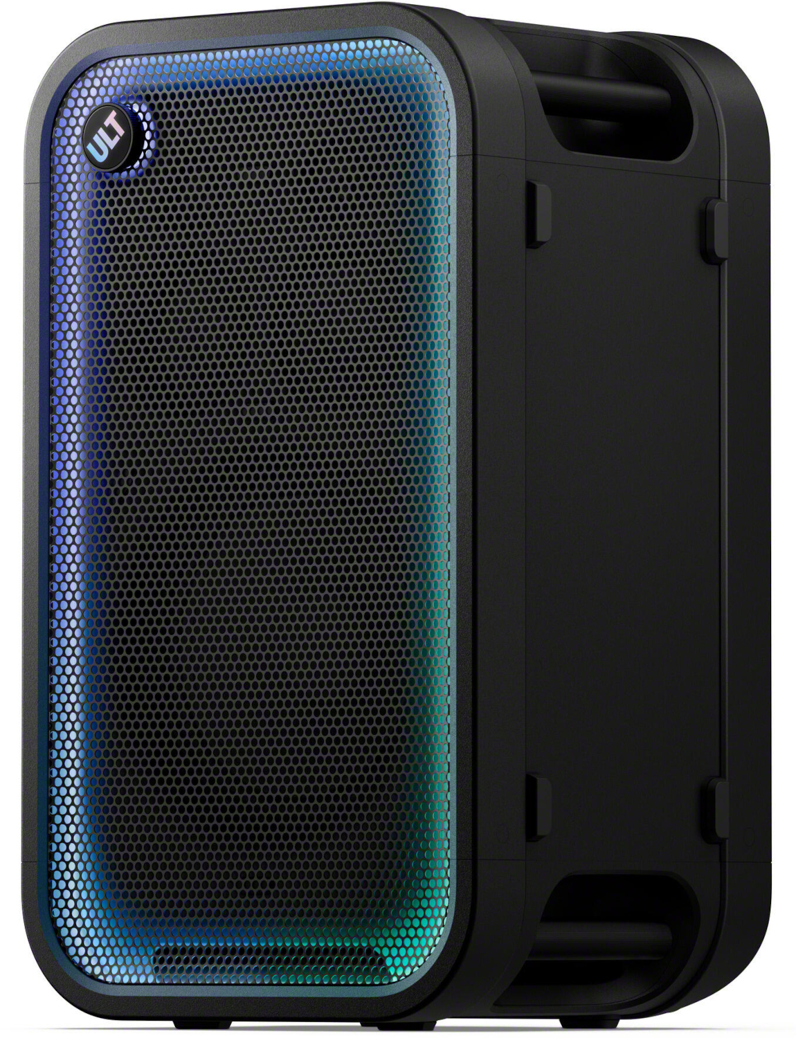 Black portable Bluetooth speaker with a round ULT button and blue-turquoise LED lighting on the front.