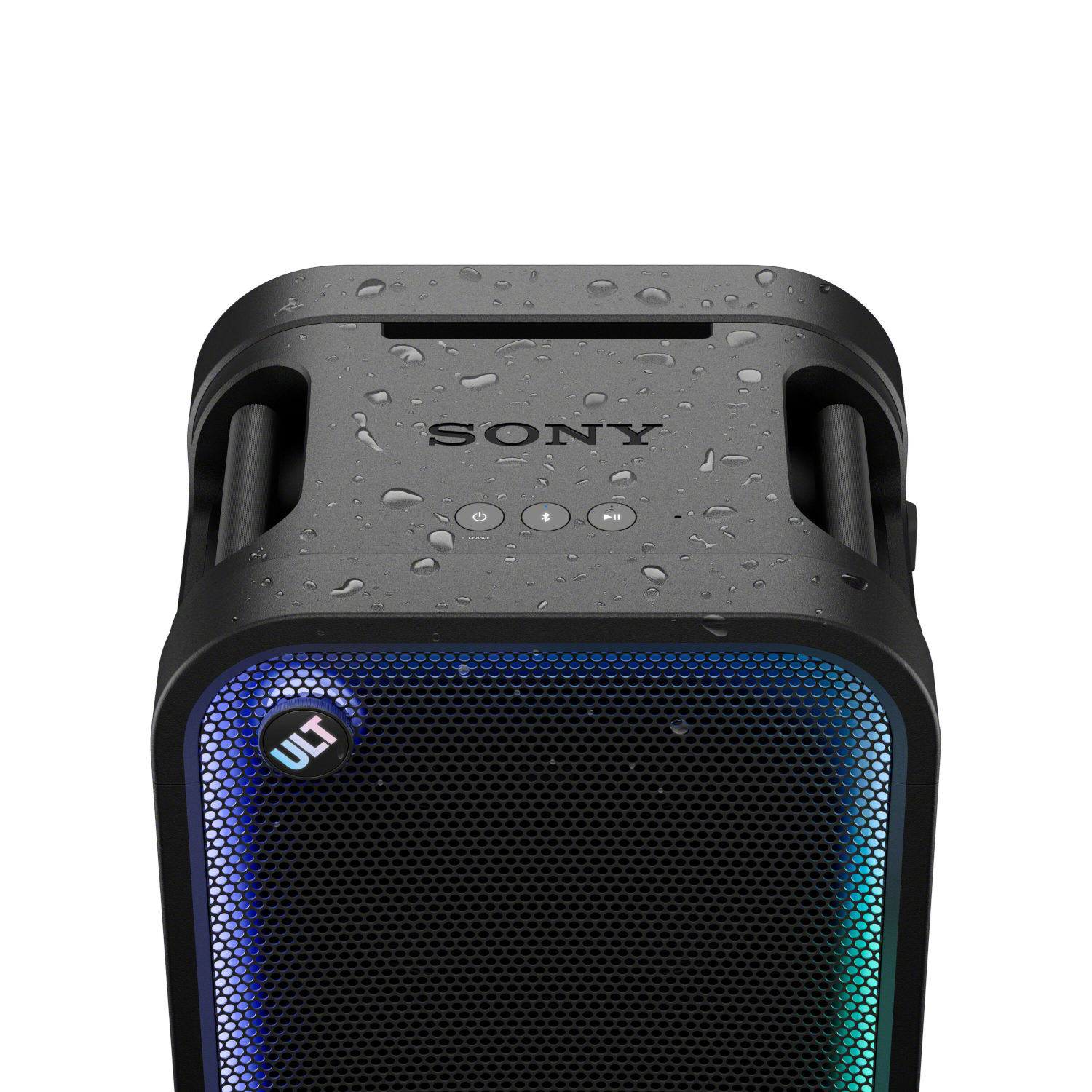 Water-resistant Sony Bluetooth speaker with blue light and water droplets on top.