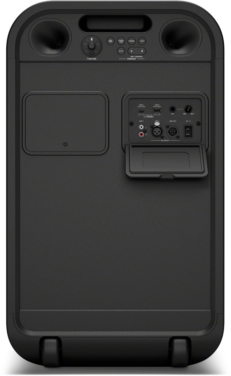 Rear view of a black portable speaker with various control buttons, ports, and two wheels at the bottom.