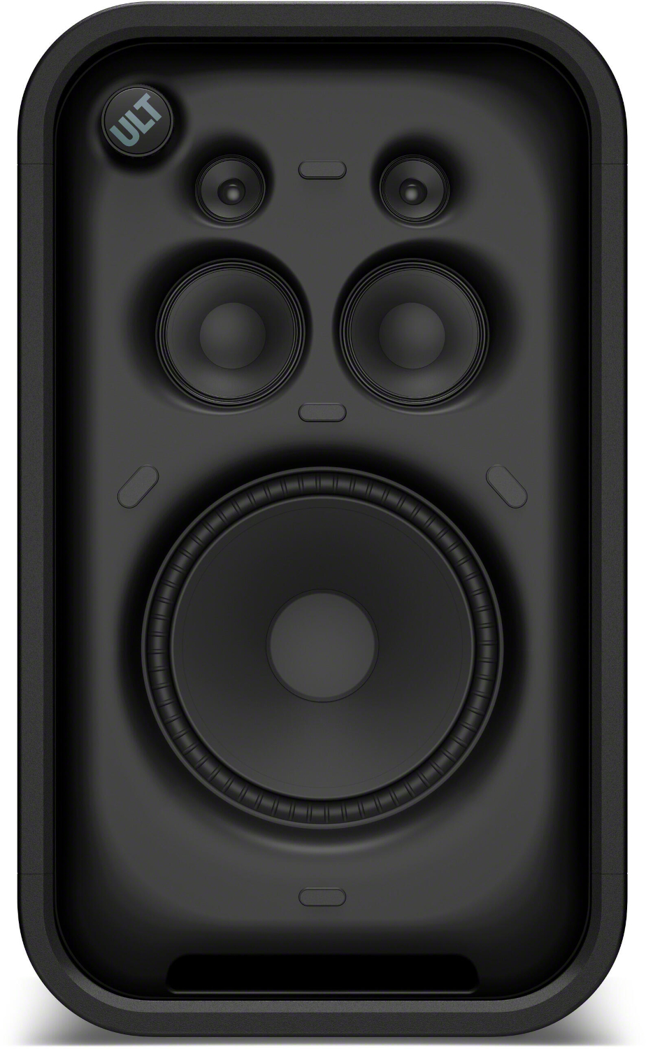 Black party speaker with round drivers and ULT logo.