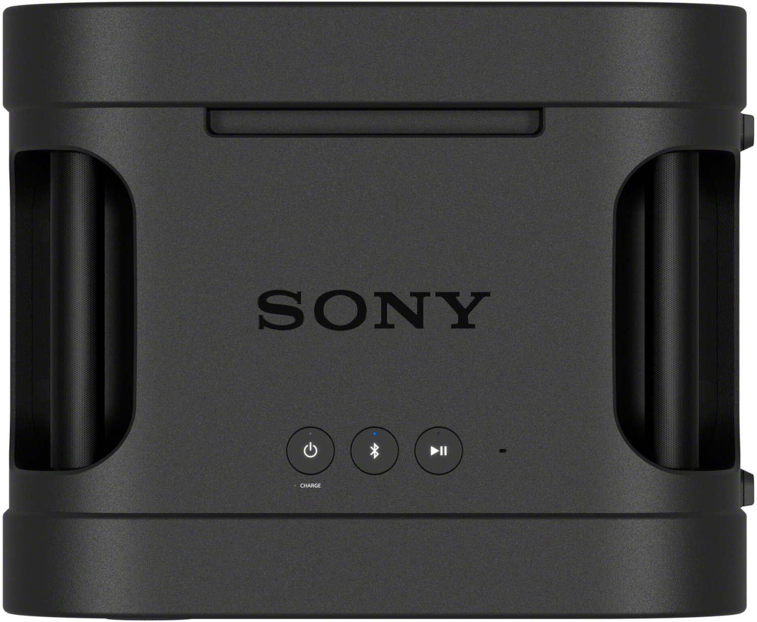 Black portable Sony speaker featuring control buttons and handles.