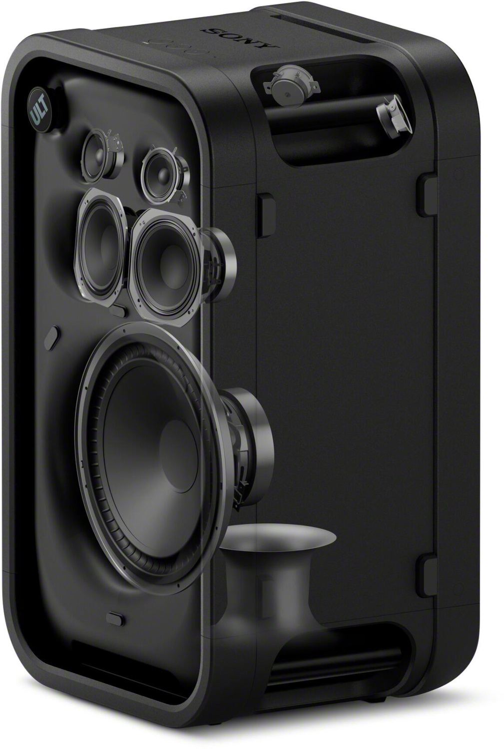 A black Sony portable speaker with a transparent view revealing its internal drivers, woofer, and bass port components.