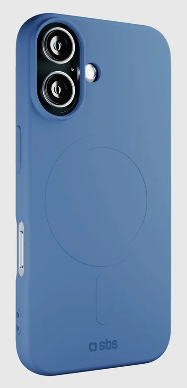 Niebieskie etui na smartfon z dwoma wycięciami na aparat i okrągłym wzorem na szarym tle.