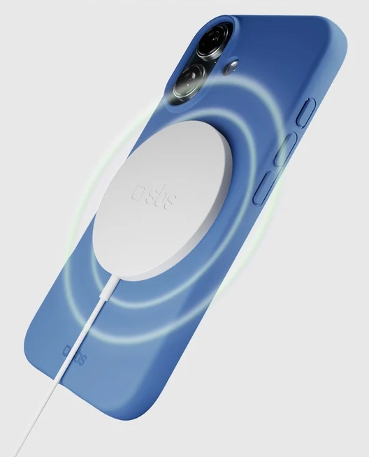 Niebieski smartfon jest ładowany bezprzewodowo za pomocą okrągłej białej ładowarki ze świecącymi falami.