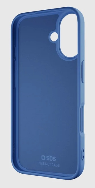 Niebieskie etui na smartfon z wycięciami na aparat i przyciski na szarym tle.