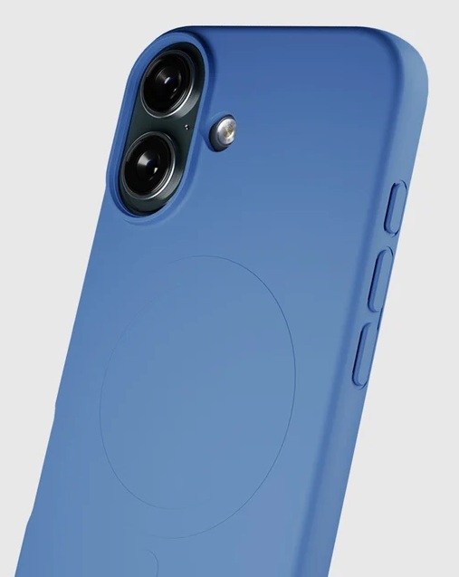 Niebieskie etui na smartfon na białym tle, tył z dwoma pionowymi aparatami i okrągłym pierścieniem.