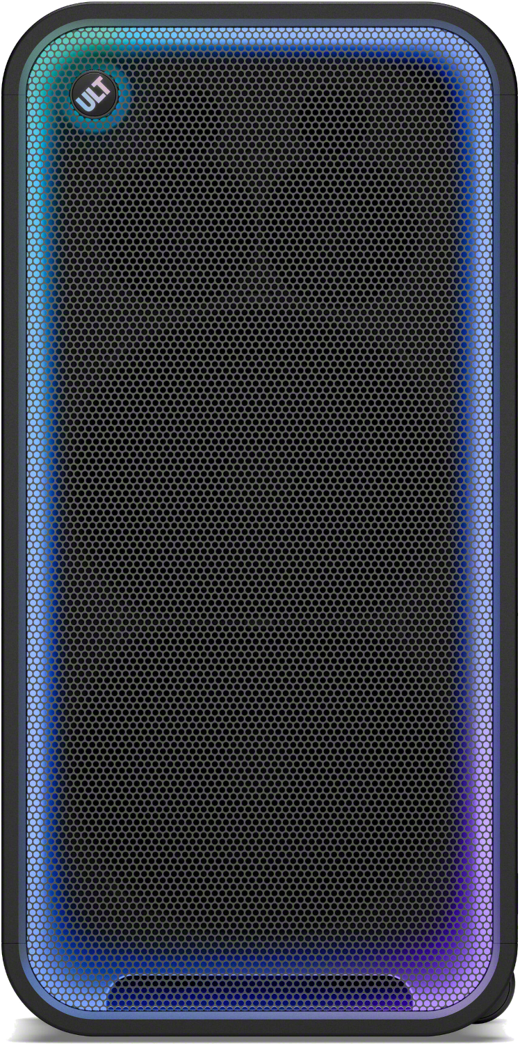 A black portable speaker with a metal mesh grille, colorful blue and purple edge lighting, and an ULT logo.
