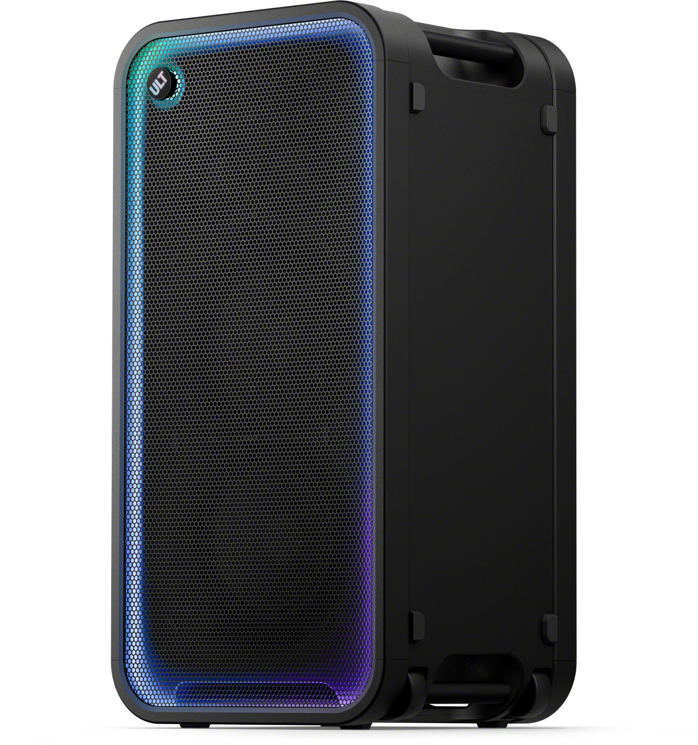 A black portable party speaker with a glowing blue and purple light ring around the front mesh grille.
