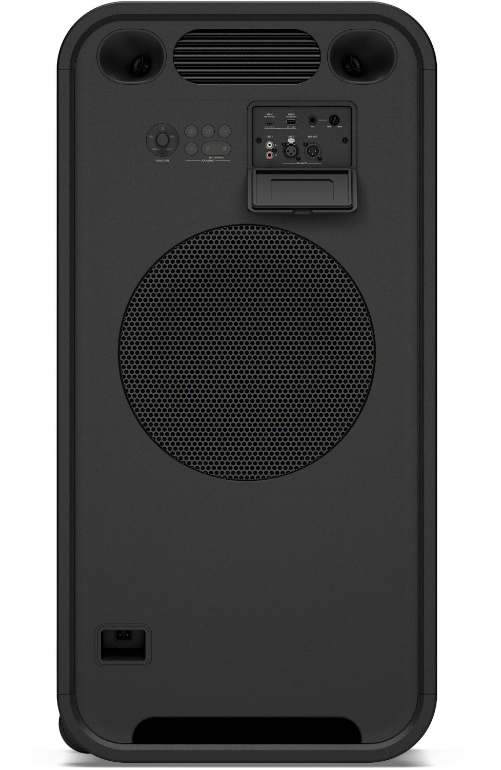 The back of a black portable speaker shows connection ports, control buttons, and a large circular grille.
