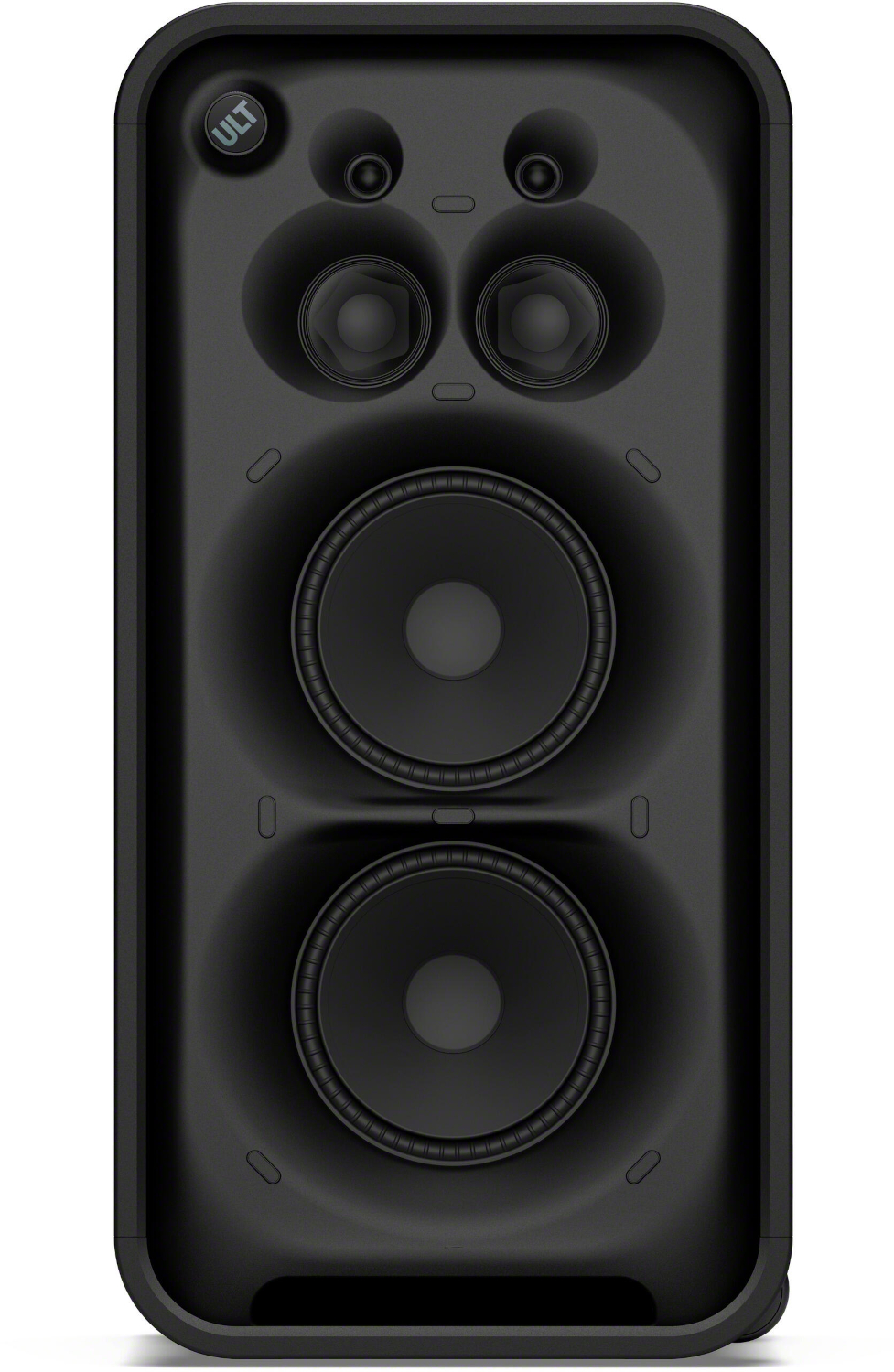 Black wireless party speaker featuring multiple drivers and the ULT logo in the top left.