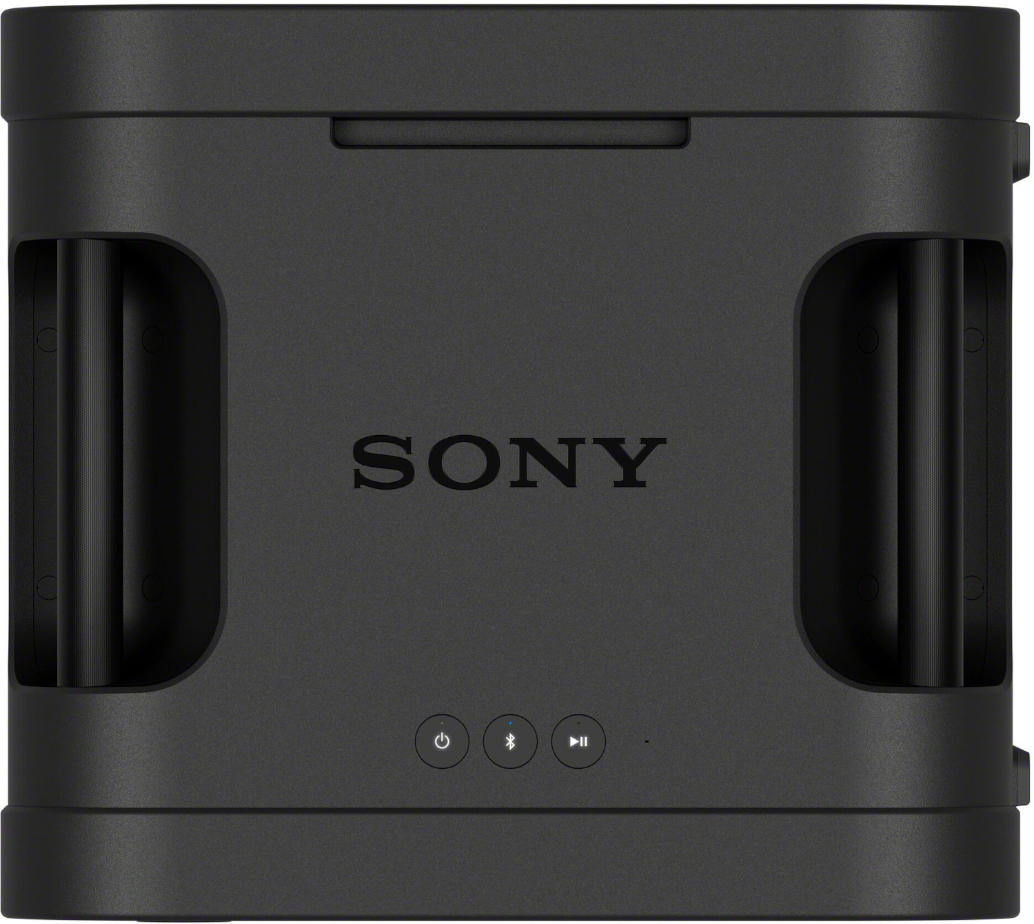 Black portable Sony speaker with side handles and control buttons at the bottom.